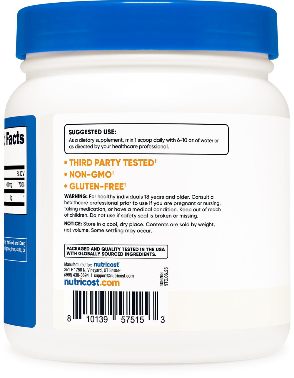 Ingredients table on Nutricost Choline Bitartrate powder bottle showing simple formulation