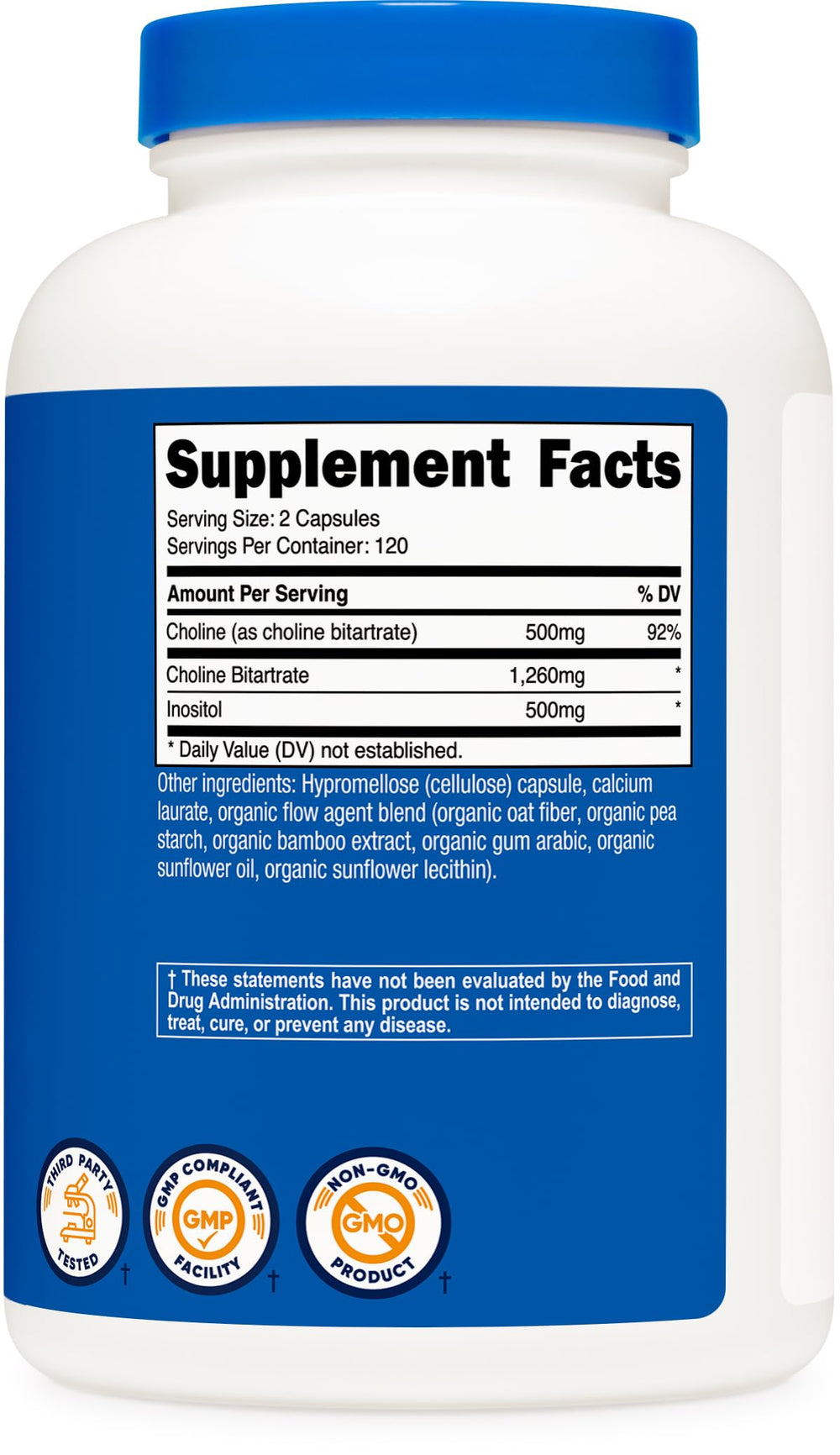 Nutricost Choline & Inositol bottle with glass, suggesting easy daily supplementation