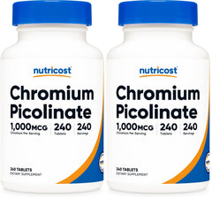 Nutricost Chromium 1000mcg bottle front shows gluten-free and non-GMO branding for mindful supplementation.