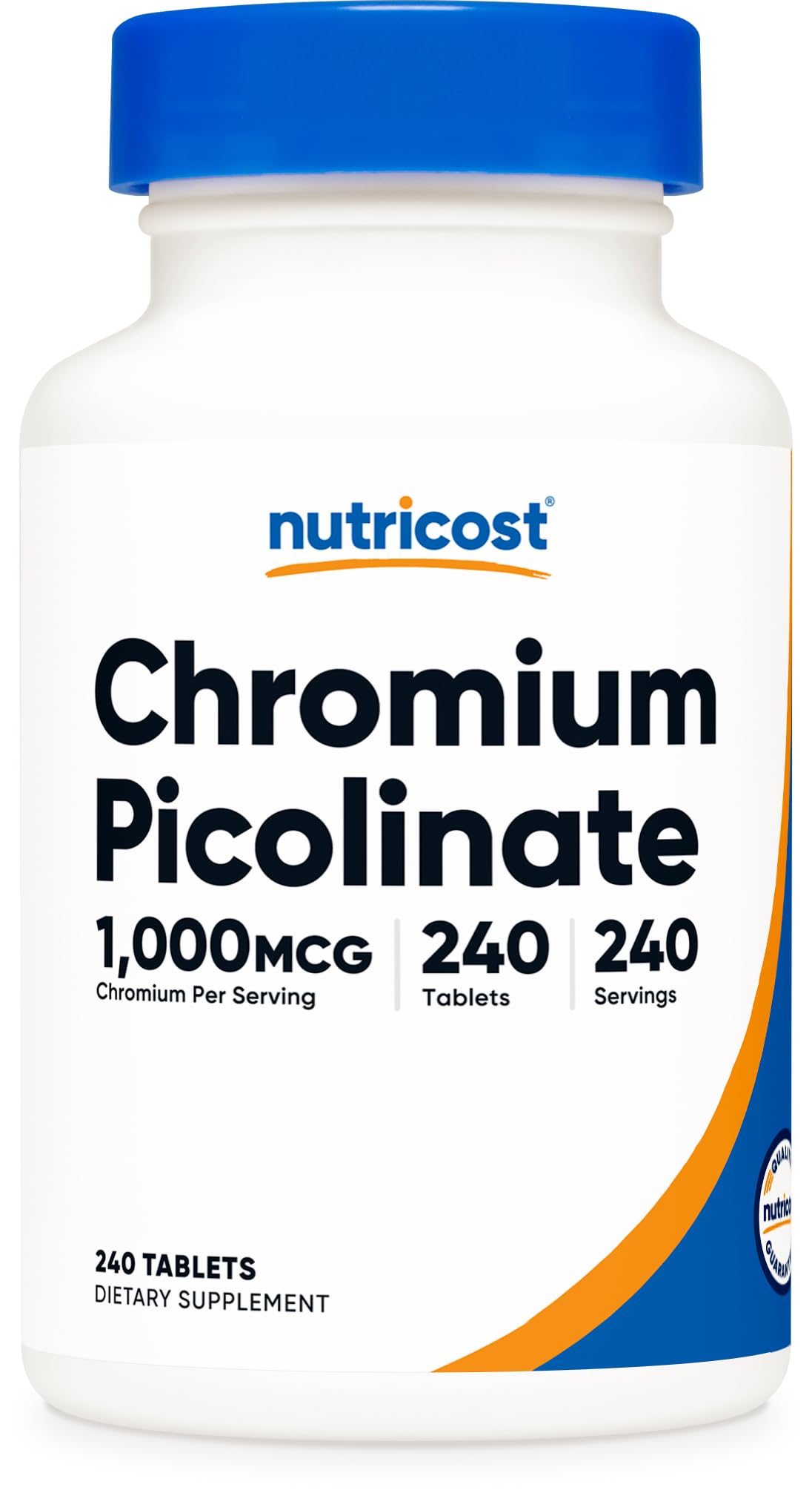 Nutricost Chromium 1000mcg tablets bottle clearly shows dosage with gluten-free labeling for daily use.