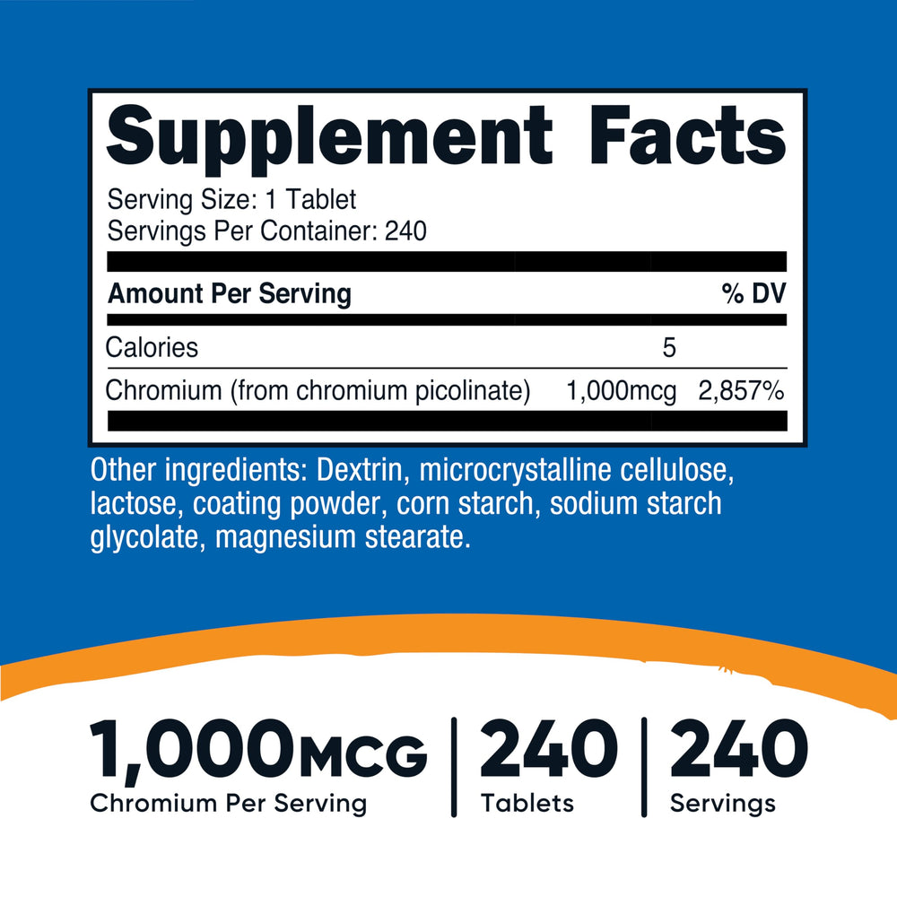 Nutricost Chromium 1000mcg tablets close-up suitable for daily use as a simple routine.