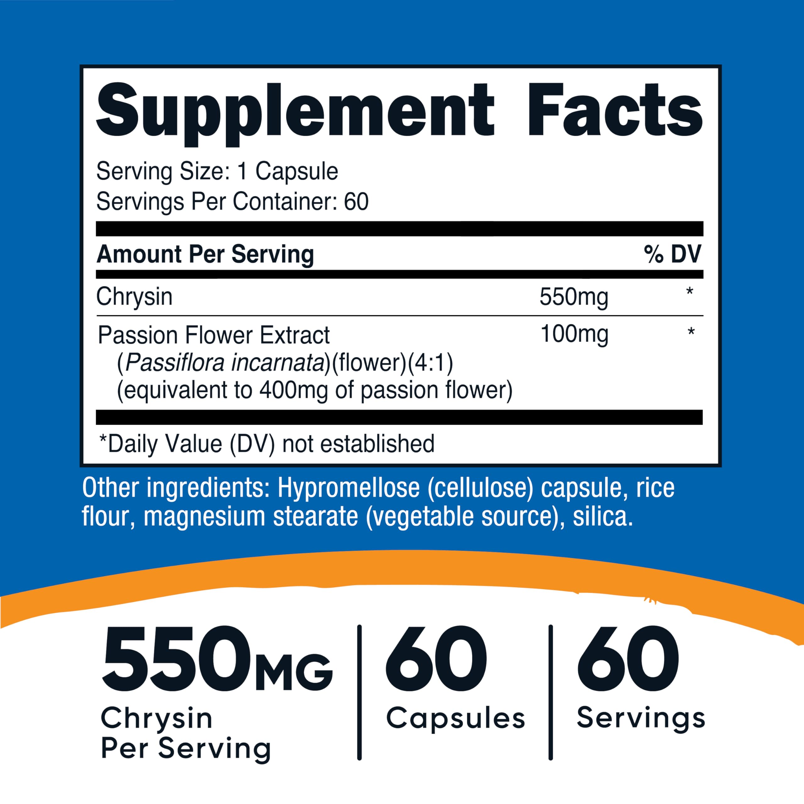 Nutricost Chrysin with passion flower extract highlights natural support for calming evenings.