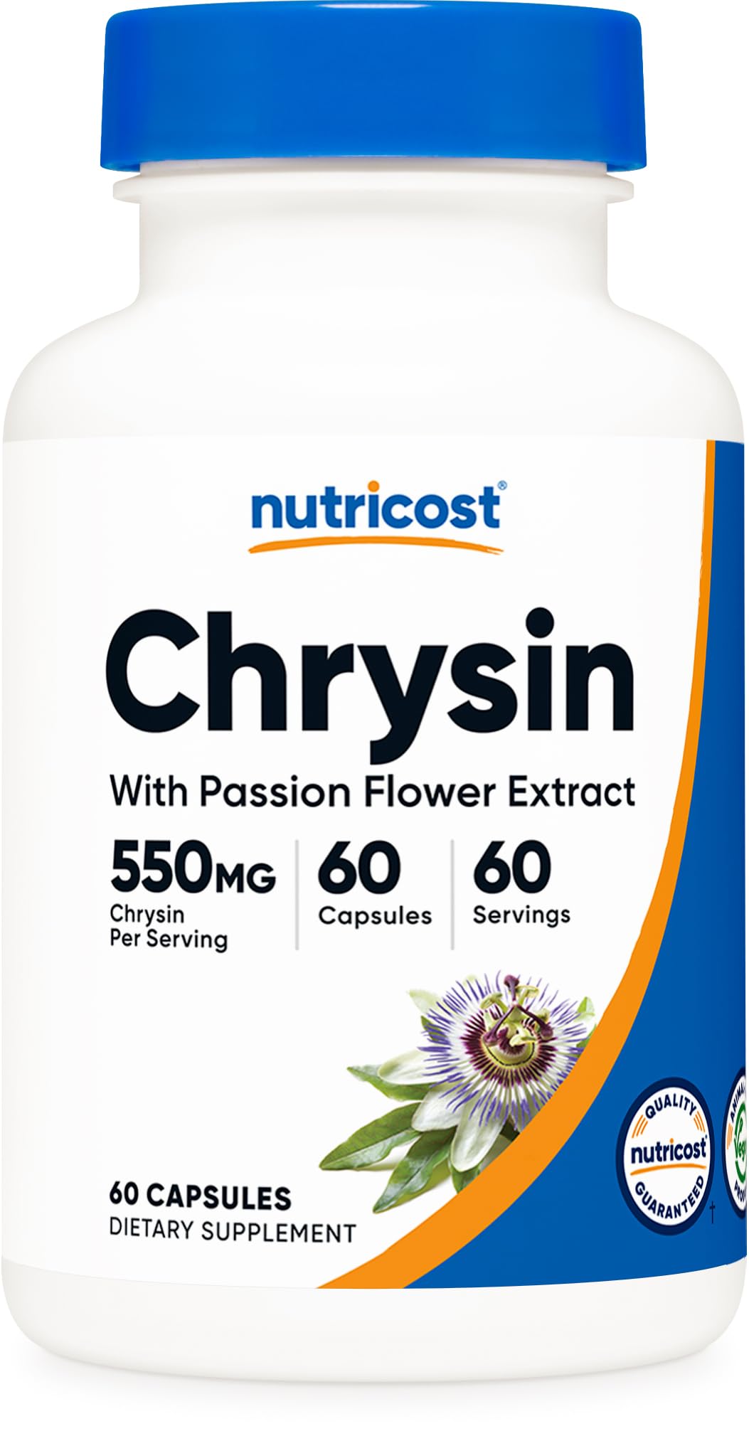 Nutricost Chrysin supplement bottle shows 550mg dose and clean label.