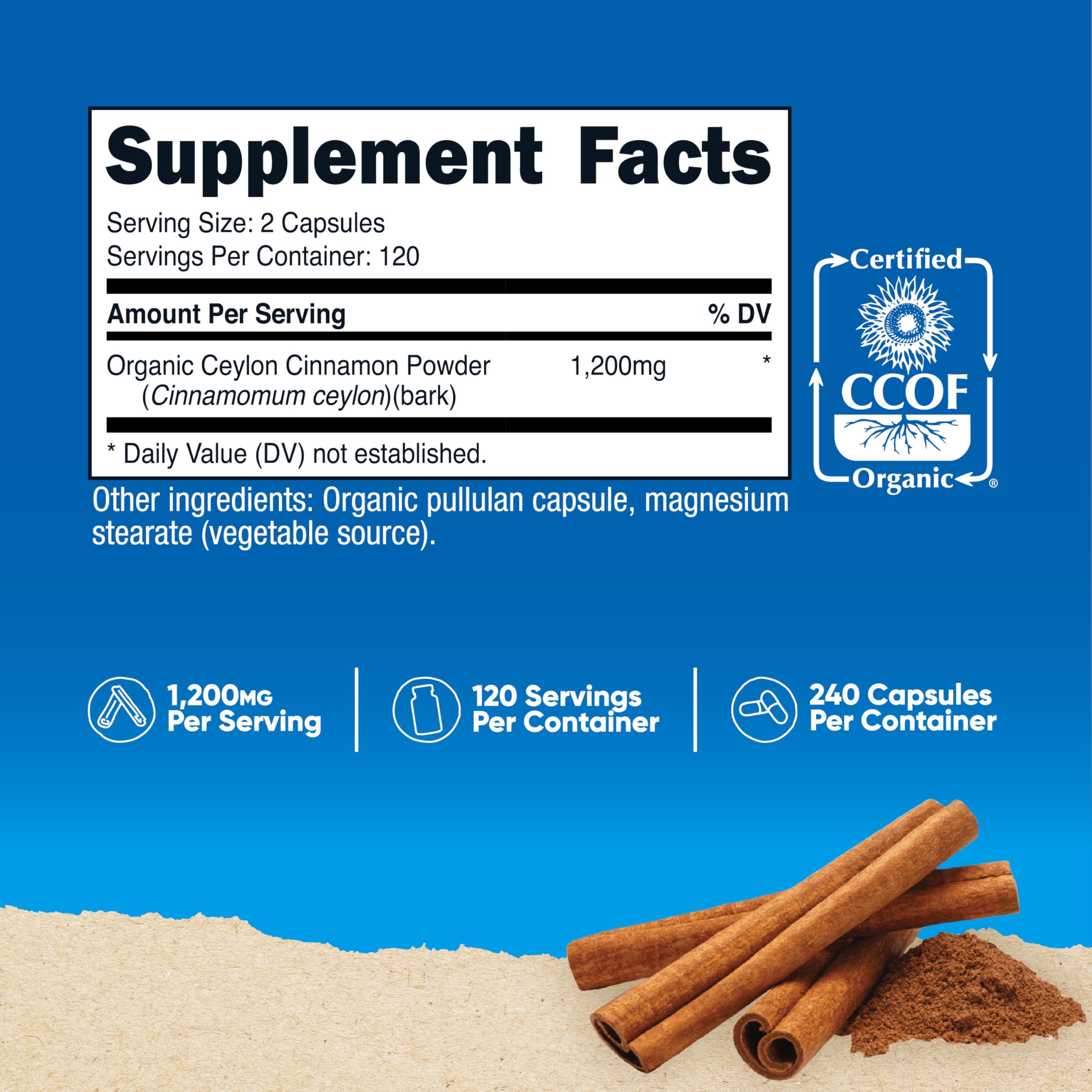 Closeup of Nutricost Cinnamon Capsules highlighting the high-potency cinnamon per serving.
