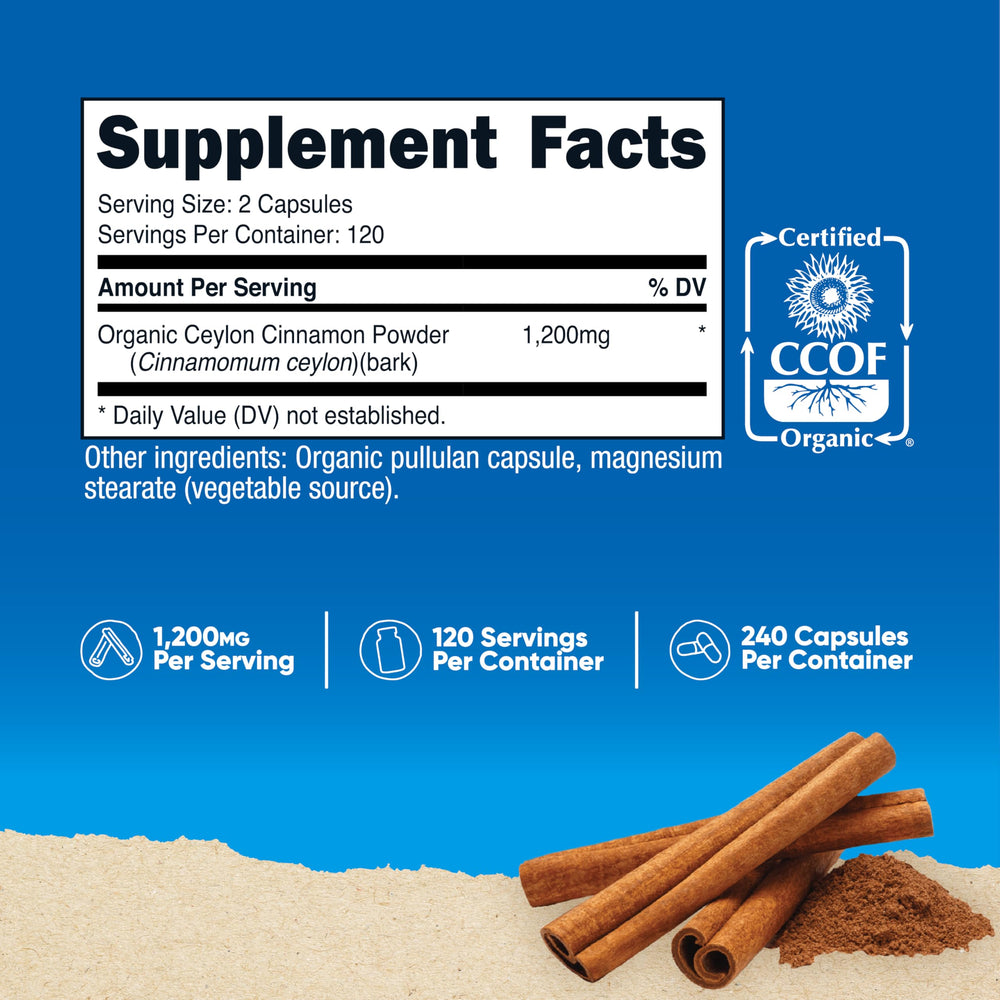 Closeup of Nutricost Cinnamon Capsules highlighting the high-potency cinnamon per serving.