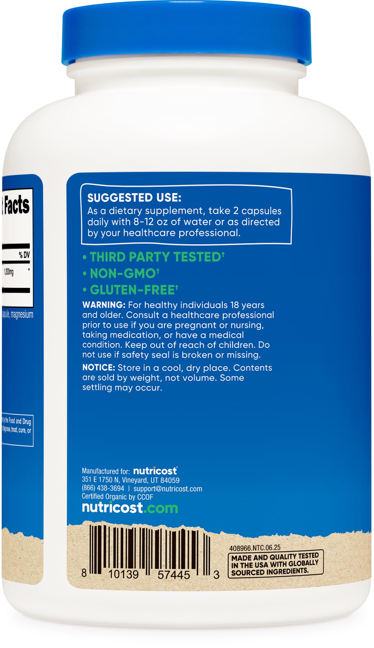Nutricost Cinnamon Capsules label confirms Ceylon cinnamon and third-party testing.