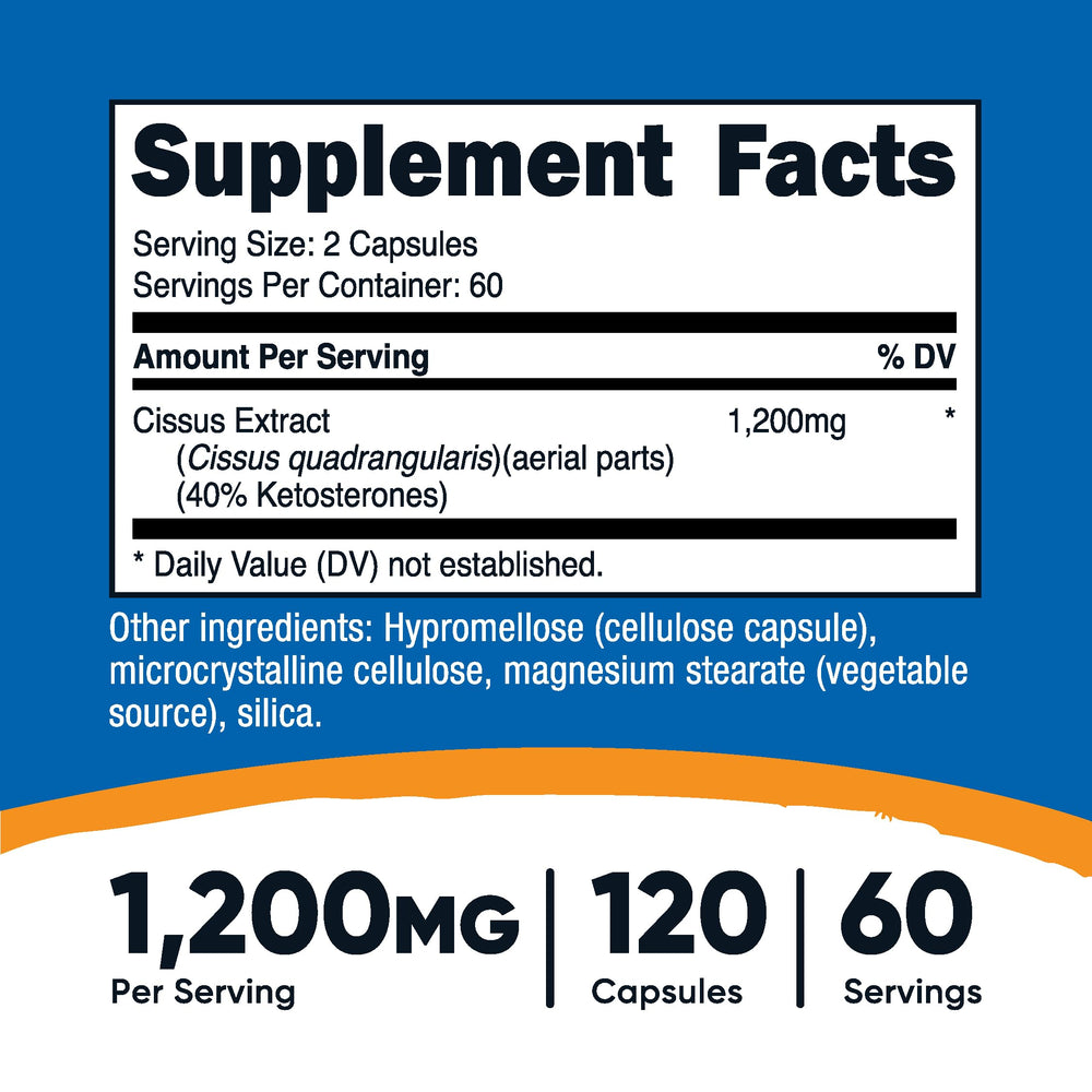Nutricost Cissus Quadrangularis capsules pack shows dosage and convenience