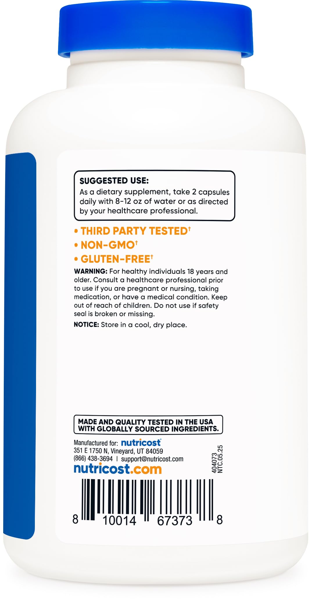 ISO third-party testing badge on Nutricost packaging.