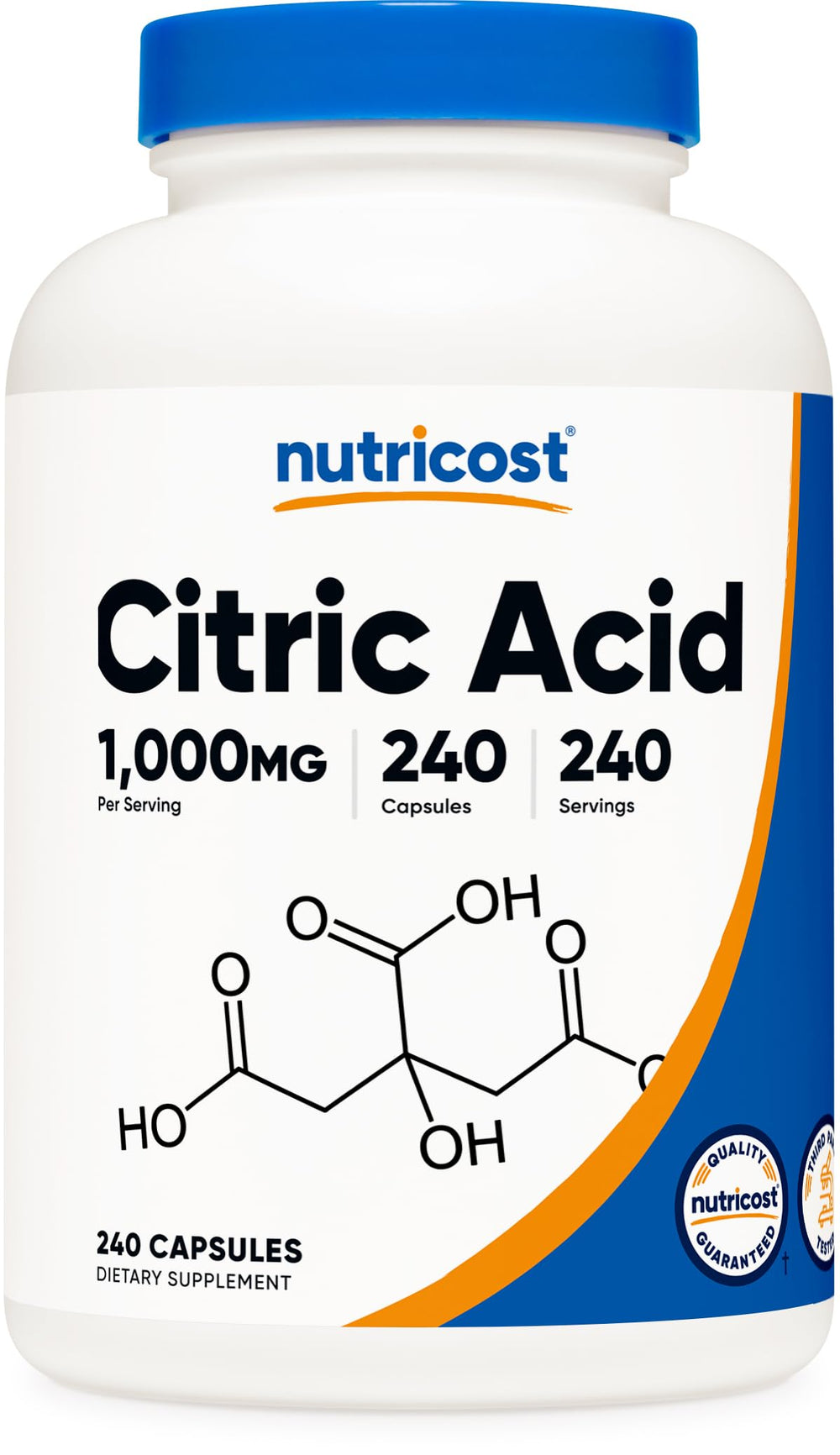 Nutricost Citric Acid 1000mg bottle front view, high potency for daily use.