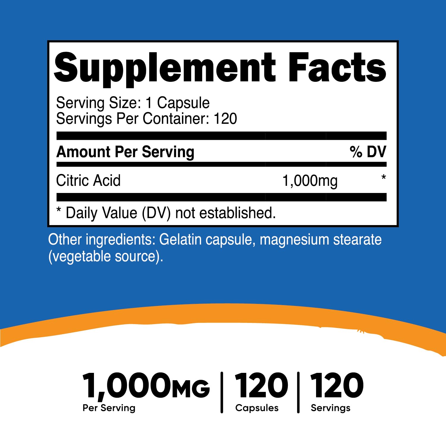Nutricost Citric Acid 1000mg bottle on a clean kitchen counter for culinary use.