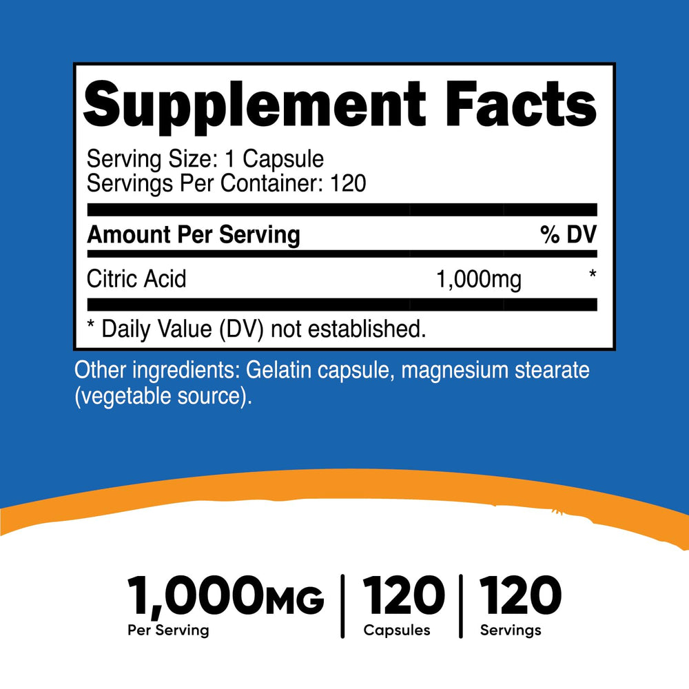 Nutricost Citric Acid 1000mg bottle on a clean kitchen counter for culinary use.