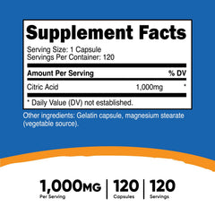 Nutricost Citric Acid 1000mg bottle on a clean kitchen counter for culinary use.