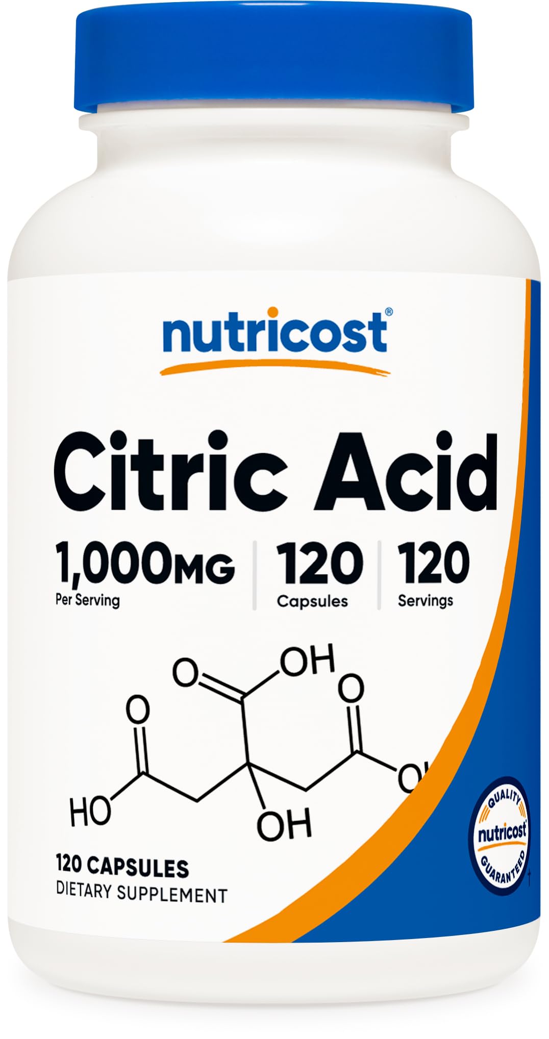 Nutricost Citric Acid 1000mg capsule close-up for easy daily supplementation.