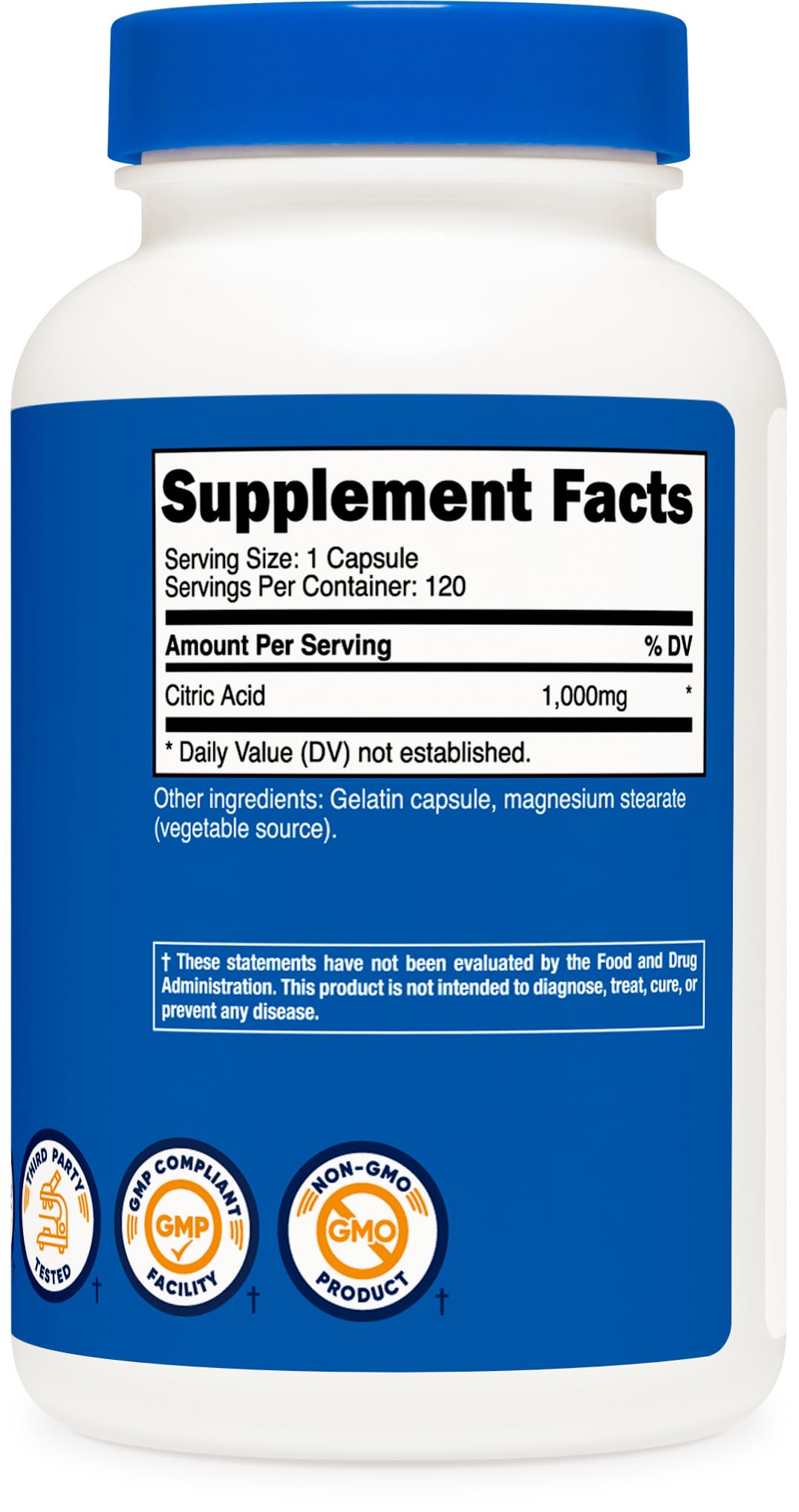 Nutricost Citric Acid 1000mg ingredients panel highlights non-GMO, gluten-free.