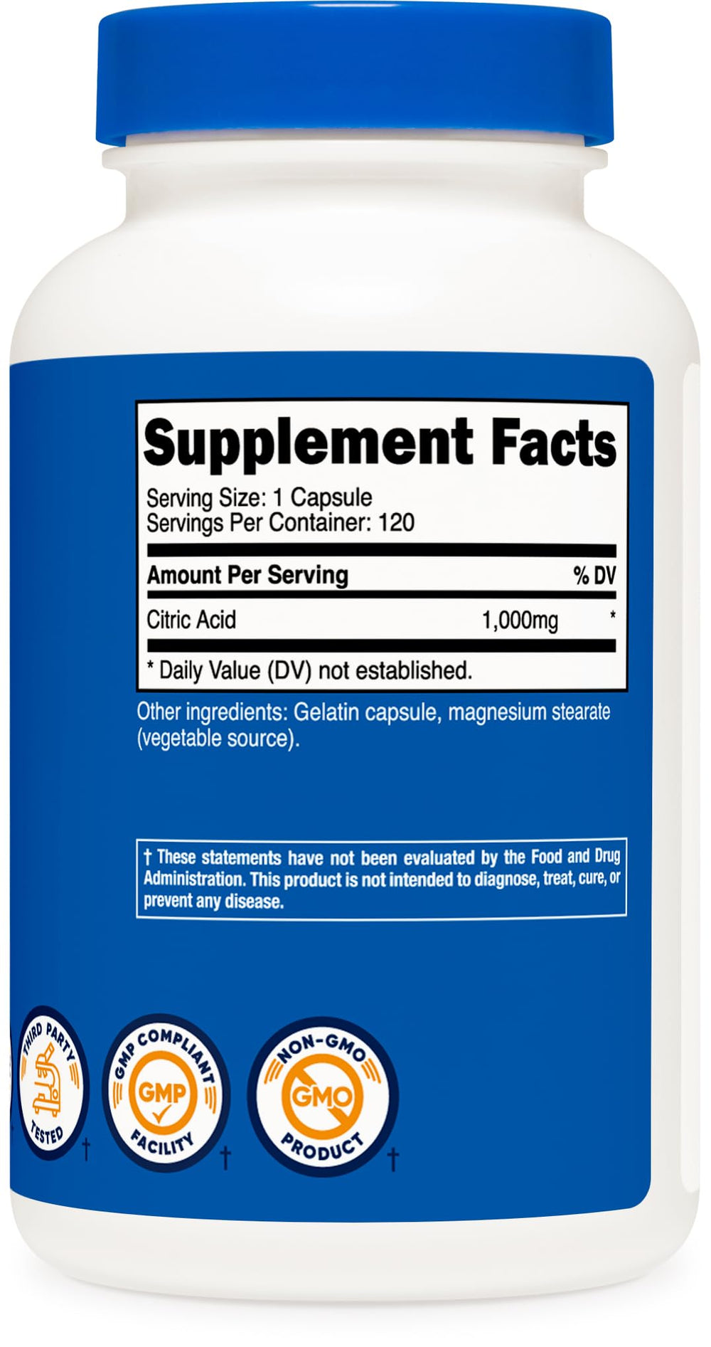 Nutricost Citric Acid 1000mg ingredients panel highlights non-GMO, gluten-free.