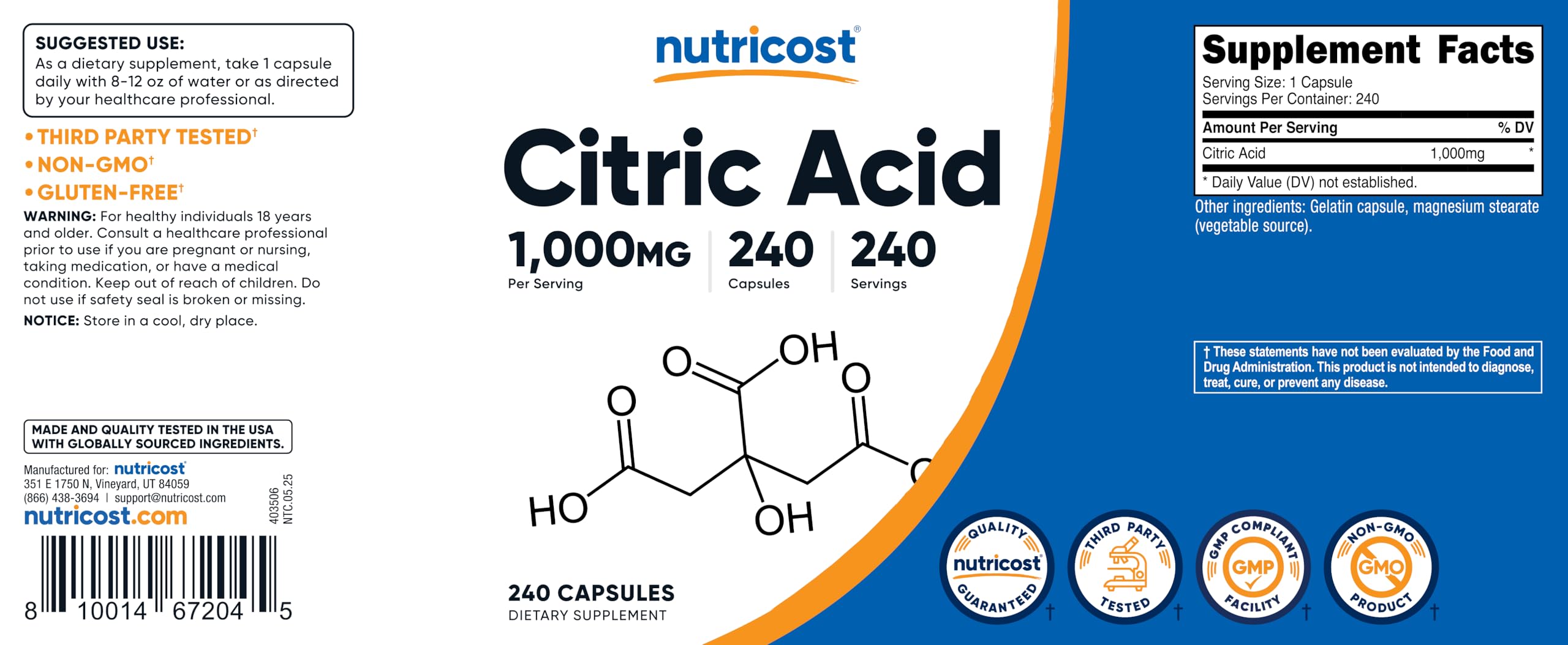 Nutricost Citric Acid bottle on shelf for easy access.