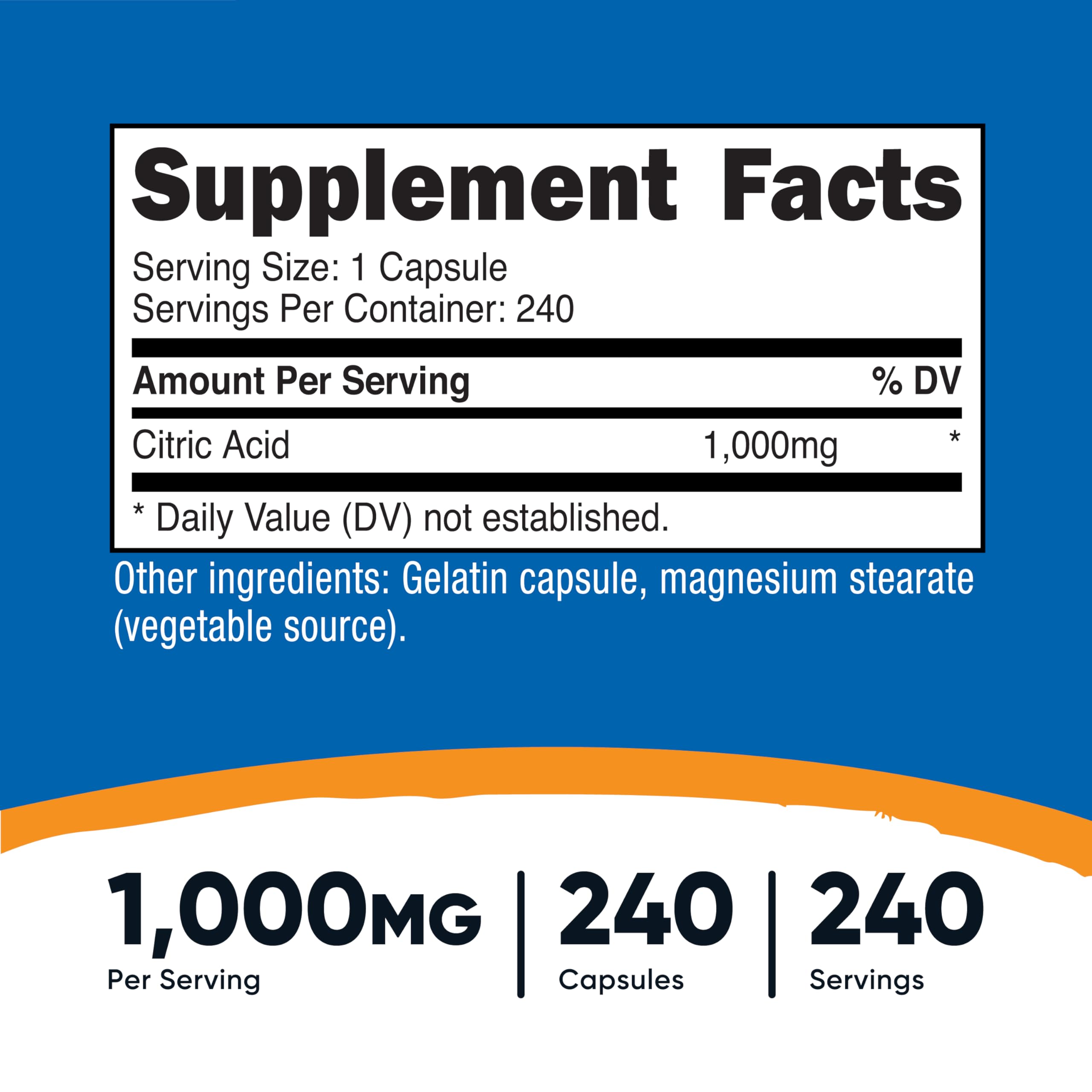 Nutricost Citric Acid capsules closeup, convenient one capsule daily.