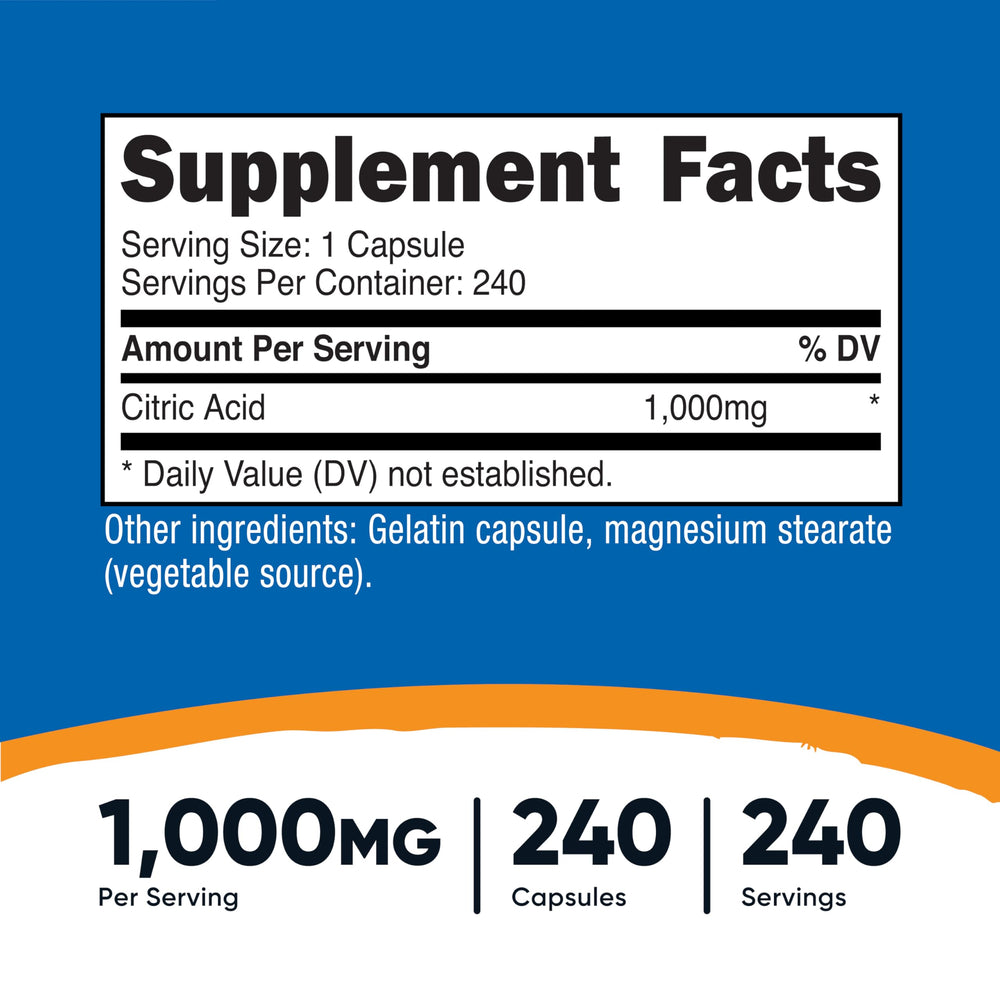 Nutricost Citric Acid capsules closeup, convenient one capsule daily.