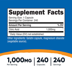 Nutricost Citric Acid capsules closeup, convenient one capsule daily.