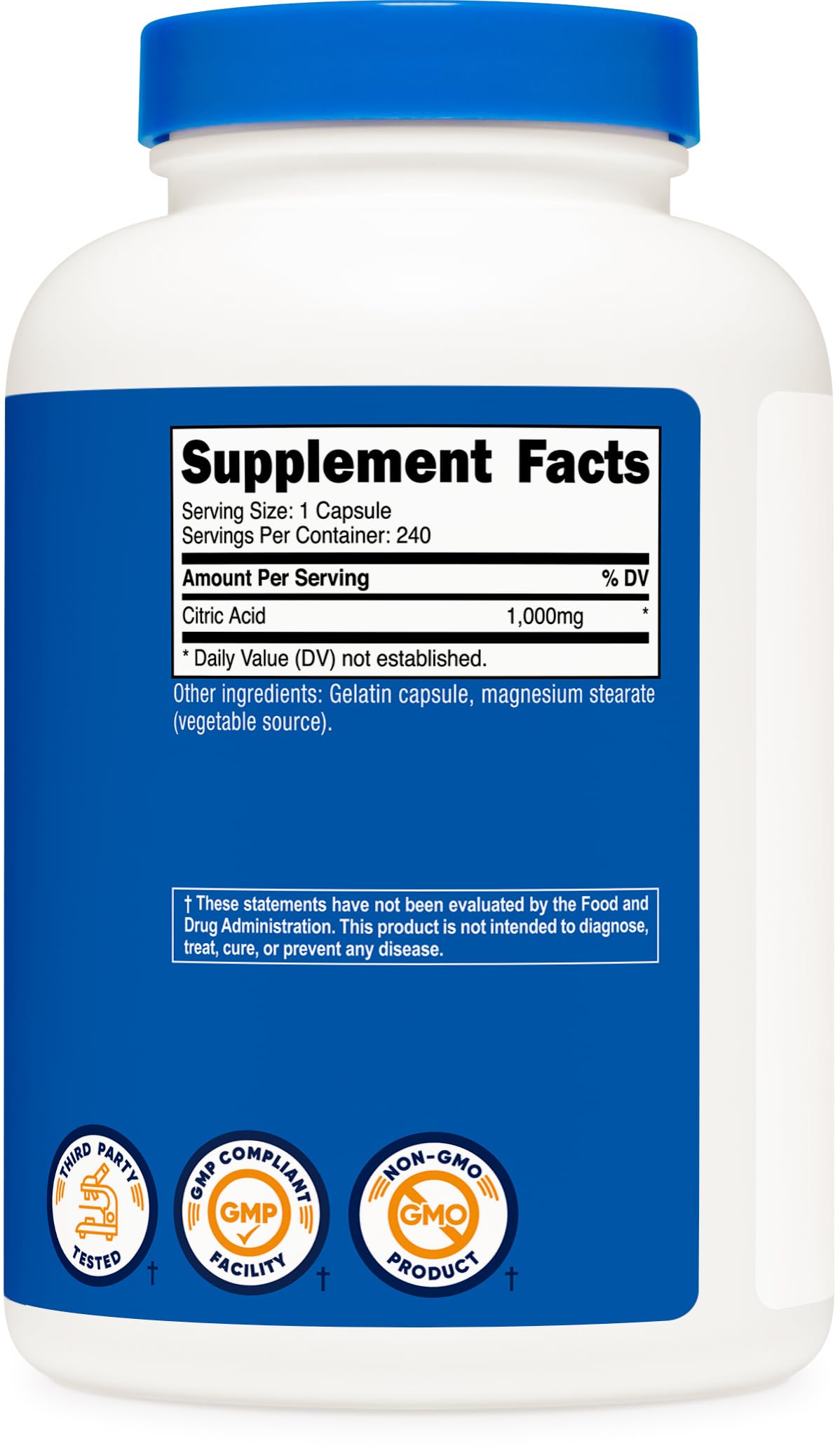 Nutricost Citric Acid capsules in hand, portable daily supplement.