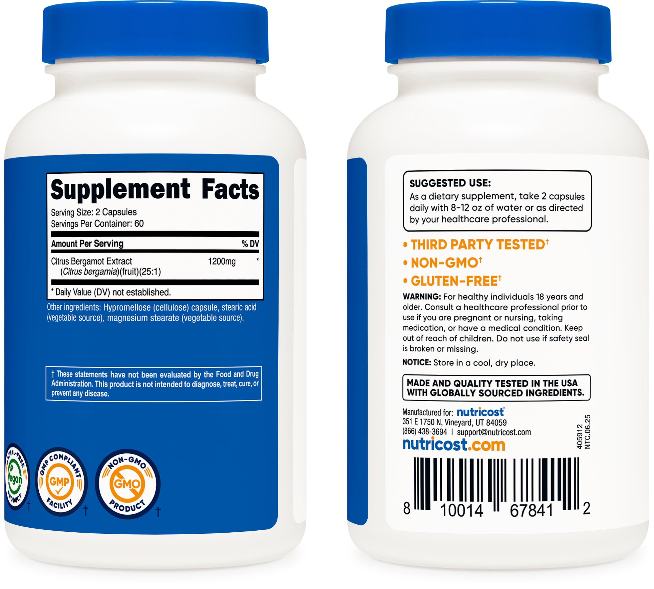 Nutricost Citrus Bergamot capsules close-up emphasizing easy two-capsule daily dose