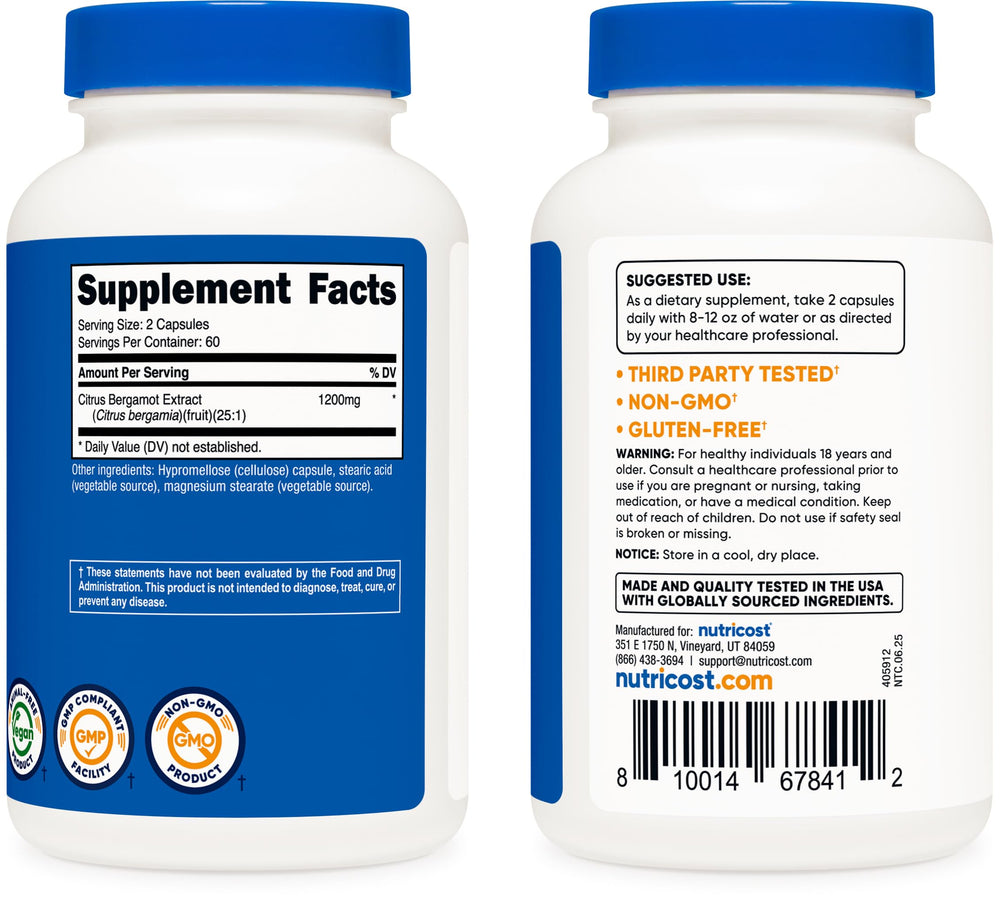 Nutricost Citrus Bergamot capsules close-up emphasizing easy two-capsule daily dose