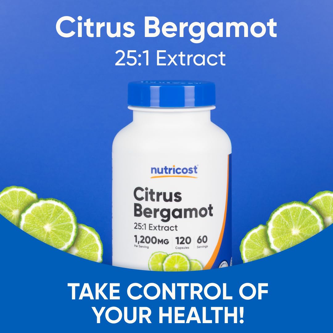 Nutricost Citrus Bergamot label graphic illustrating 25:1 extract concentration for potent supplementation