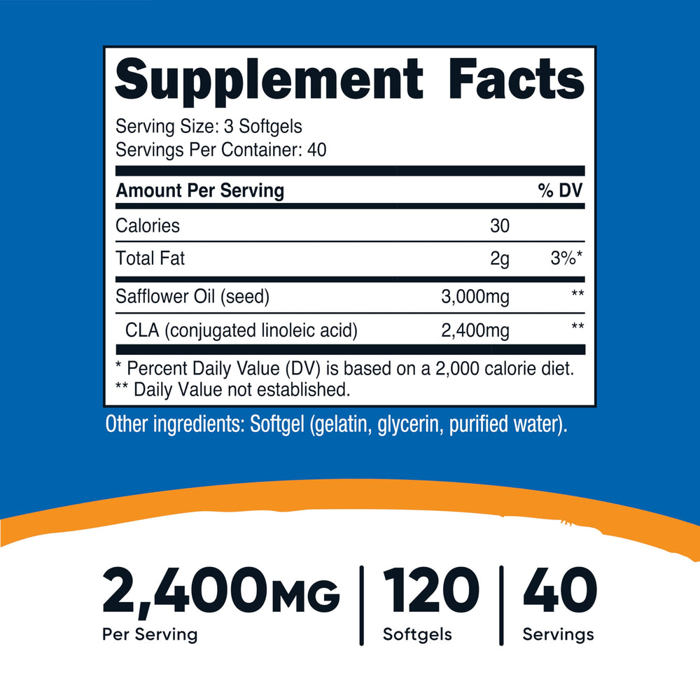 Nutricost CLA: etiqueta clara con datos de pureza y pruebas.