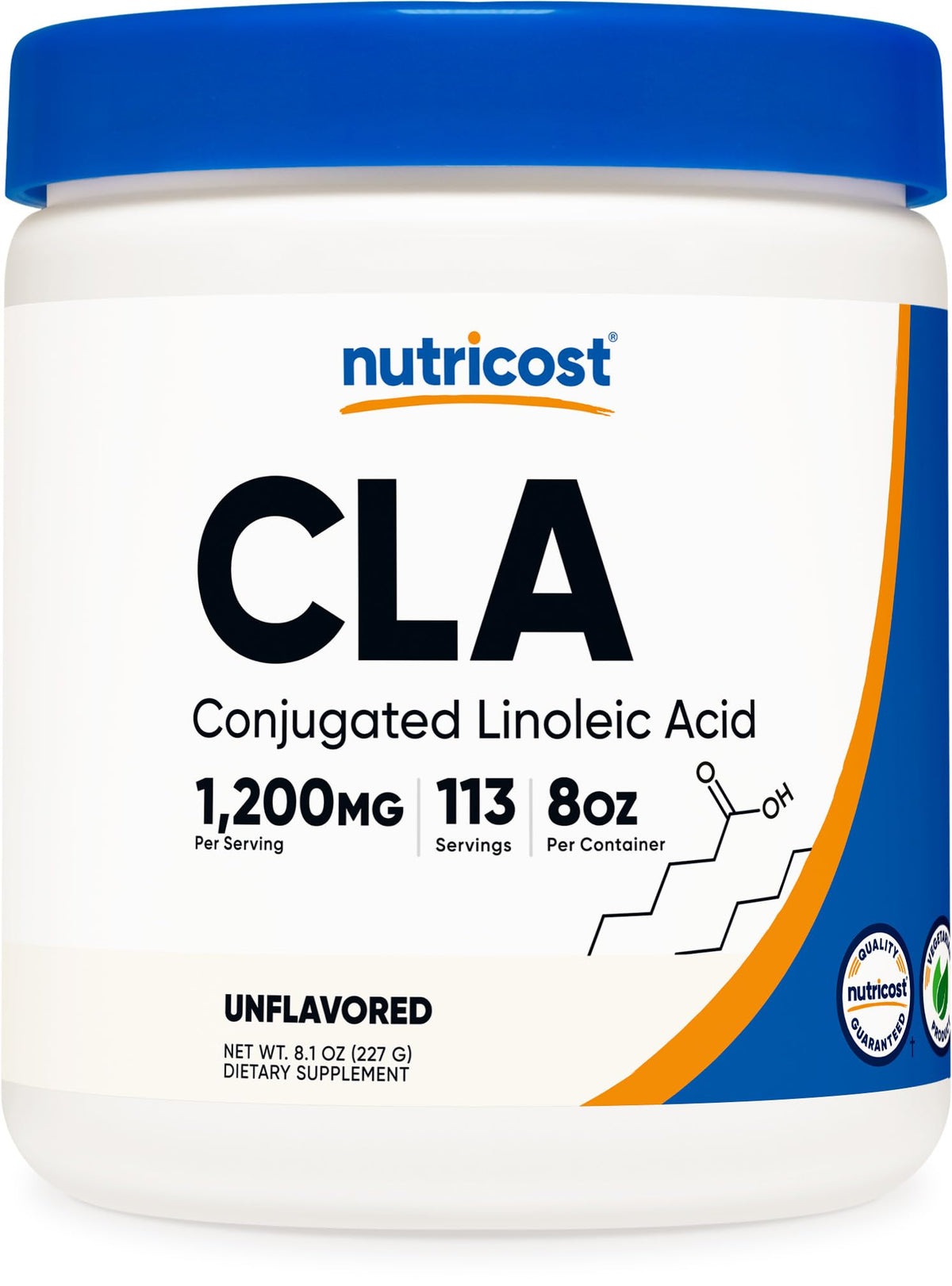 Nutricost CLA powder bottle front shows gluten-free, GMO-free formula for daily use.