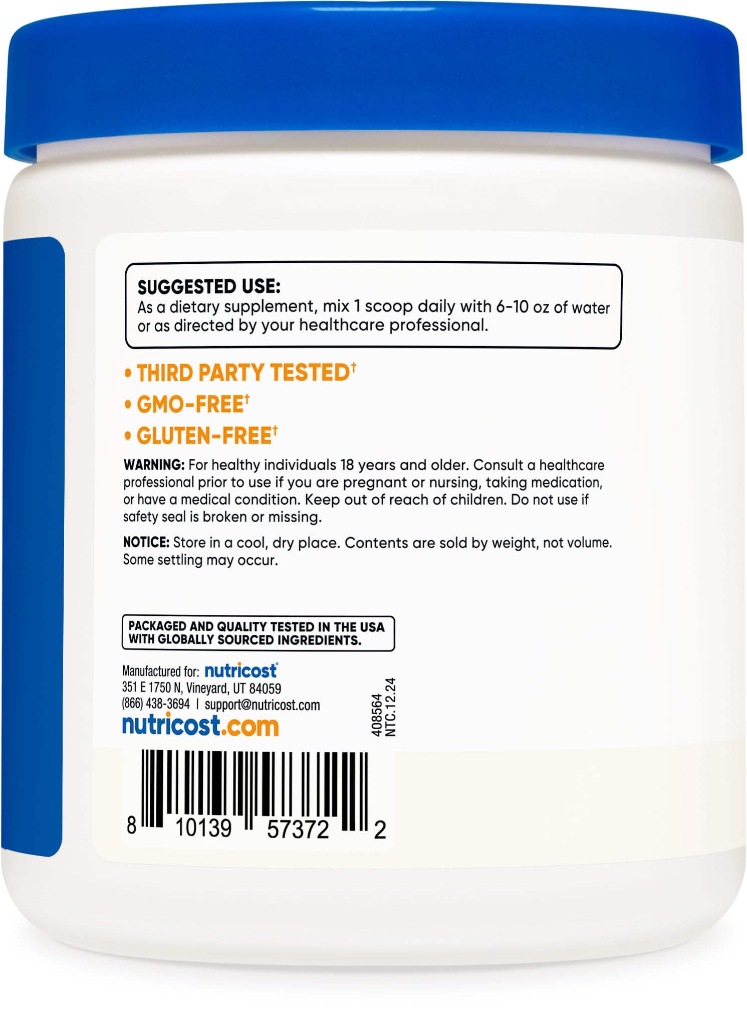Nutricost CLA powder container top view shows packaging and serving count.