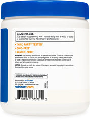 Nutricost CLA powder container top view shows packaging and serving count.