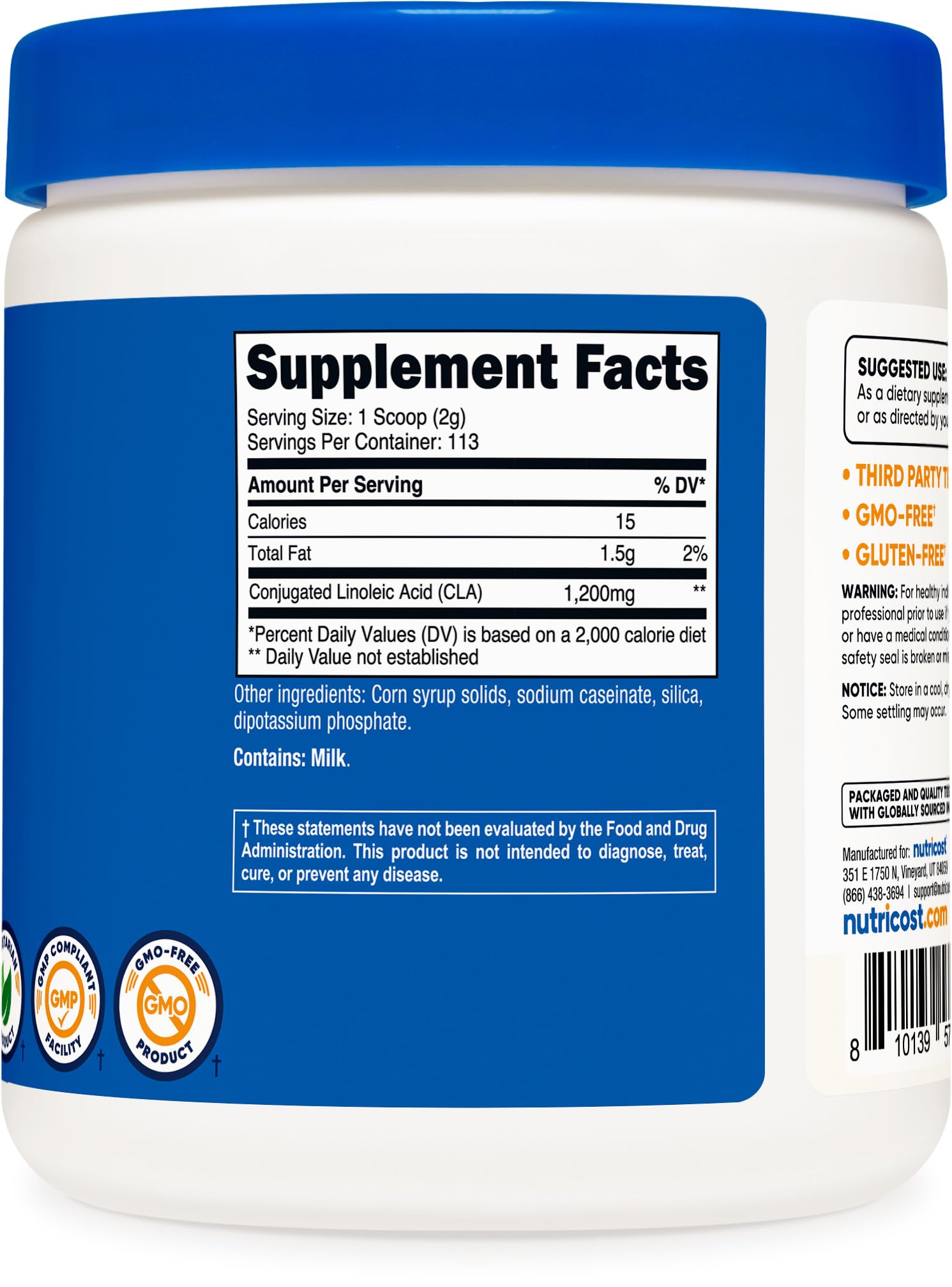 Nutricost CLA powder ingredients label emphasizes vegetarian-friendly formula.