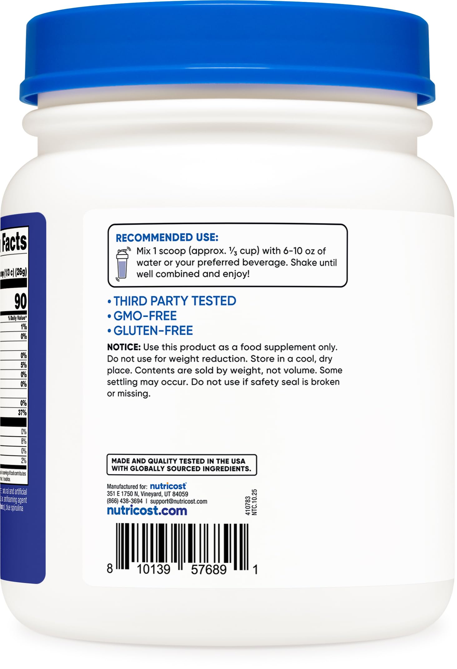 Nutricost Clear Whey Berry Blast serving scoop highlights 20g protein per serving.