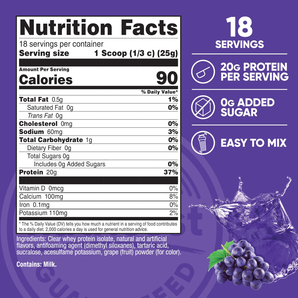 Serving scoop with Nutricost Clear Whey Concord Grape bottle showing quick mixing