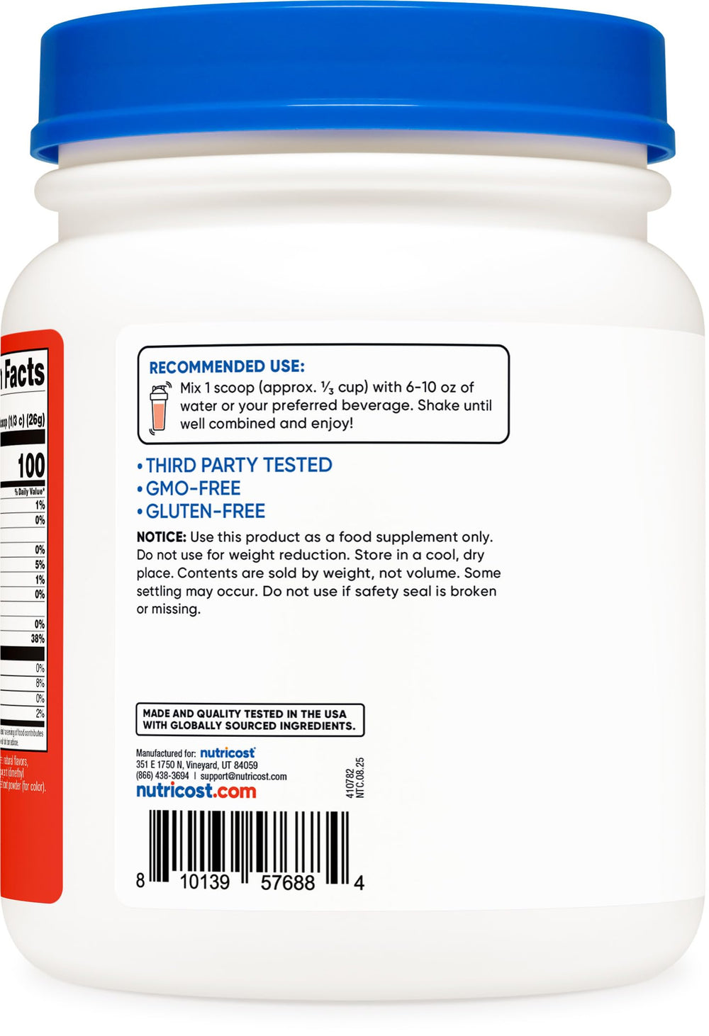 Nutricost Clear Whey Isolate Tropical Punch ingredients list highlighting GMO-free formula.