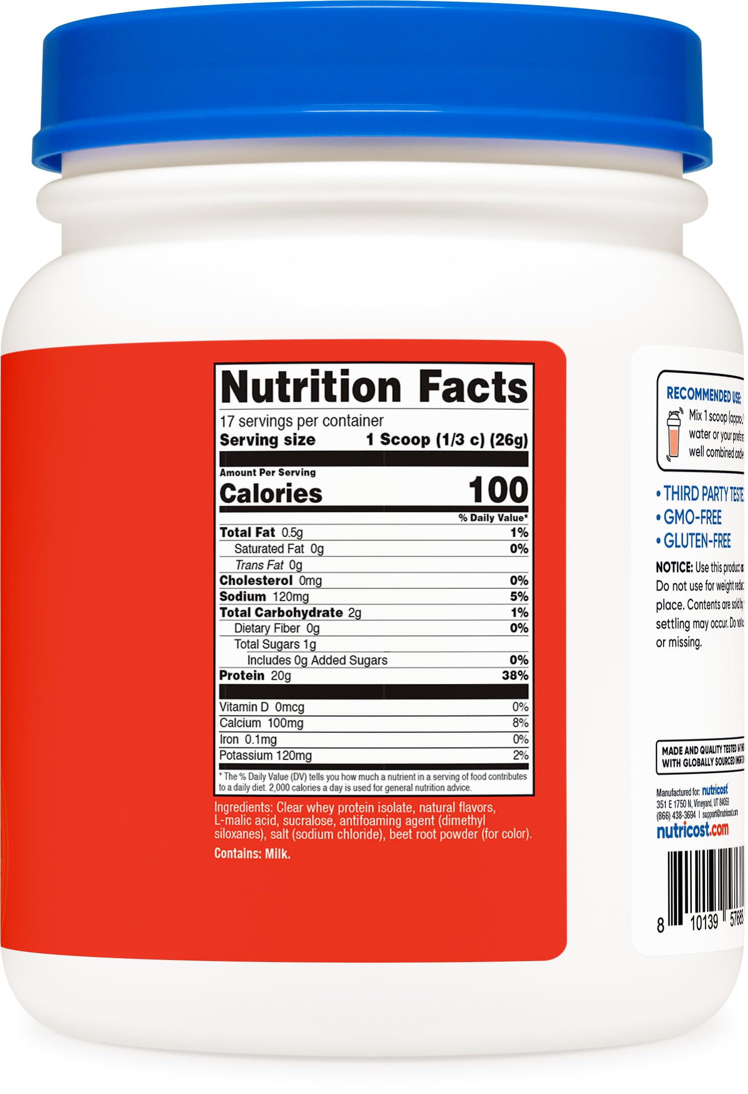 Nutricost Clear Whey Isolate Tropical Punch scoop with powder for a quick protein boost.