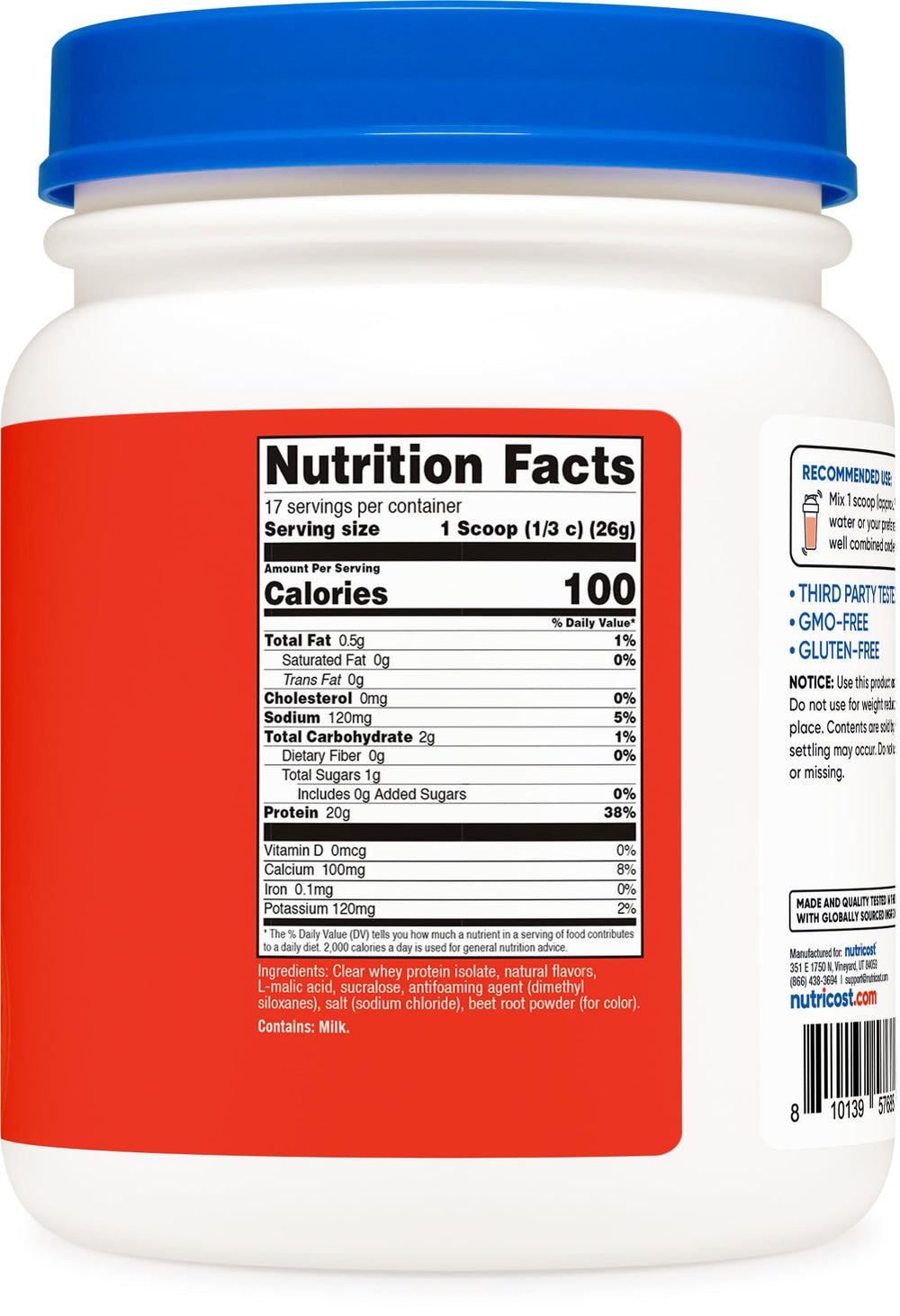 Nutricost Clear Whey Isolate Tropical Punch scoop with powder for a quick protein boost.