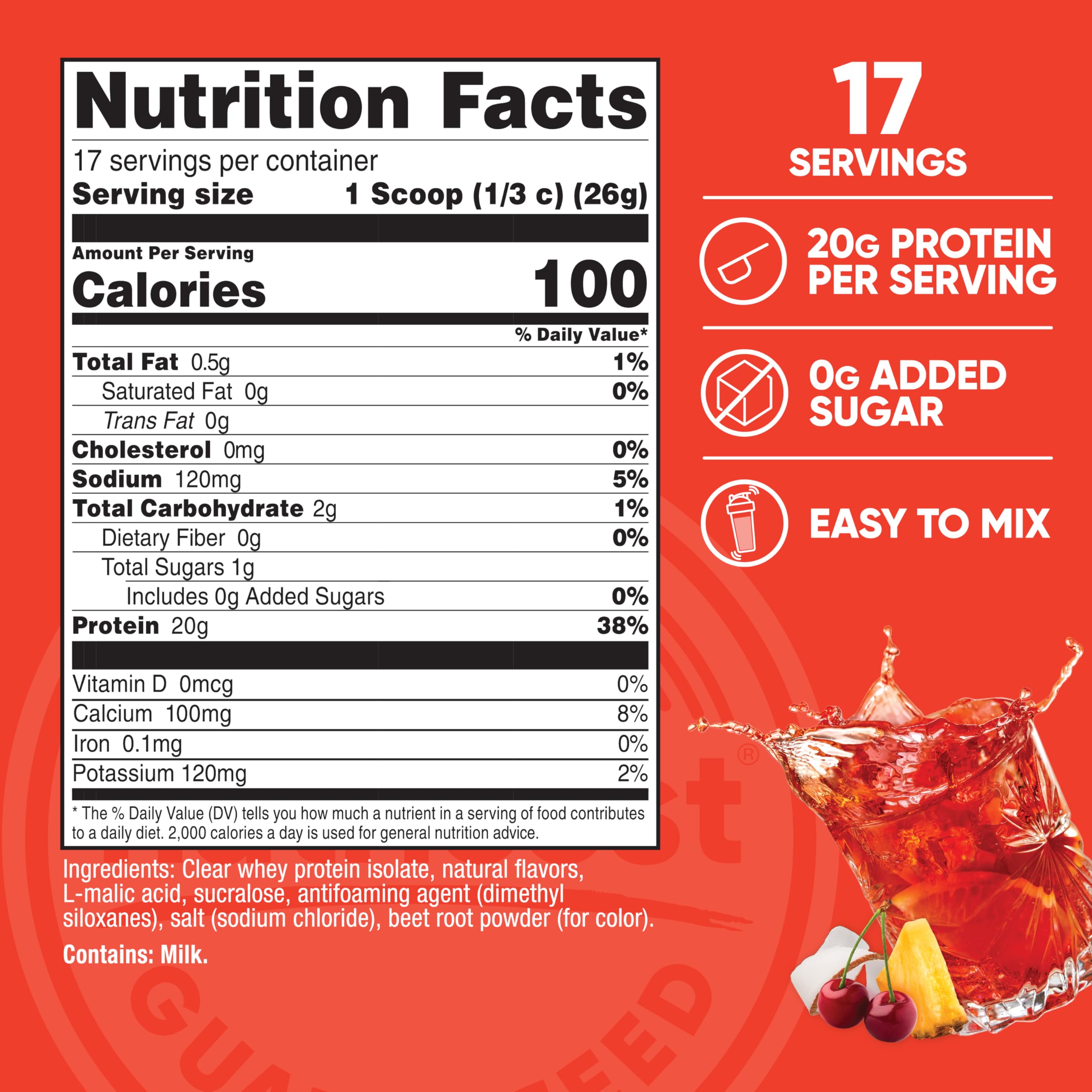 Nutricost Clear Whey Isolate Tropical Punch in a shaker glass for a juice-like mix.