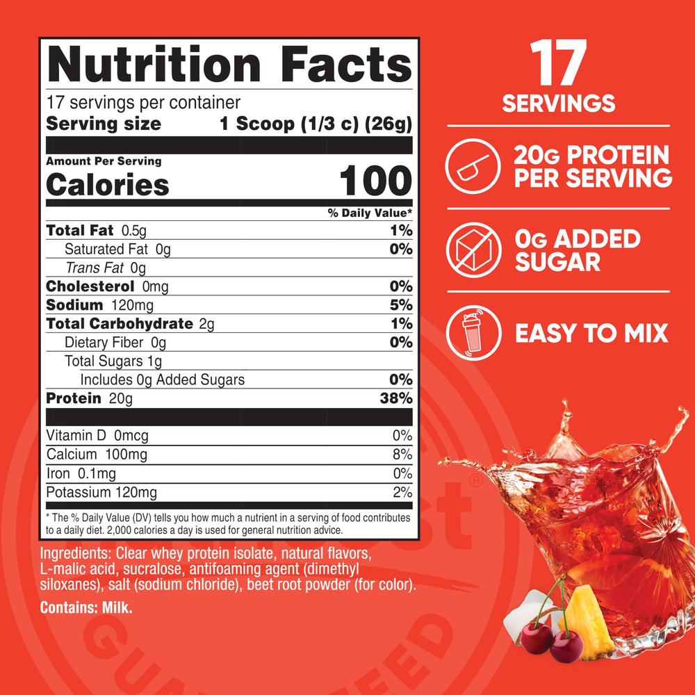 Nutricost Clear Whey Isolate Tropical Punch in a shaker glass for a juice-like mix.
