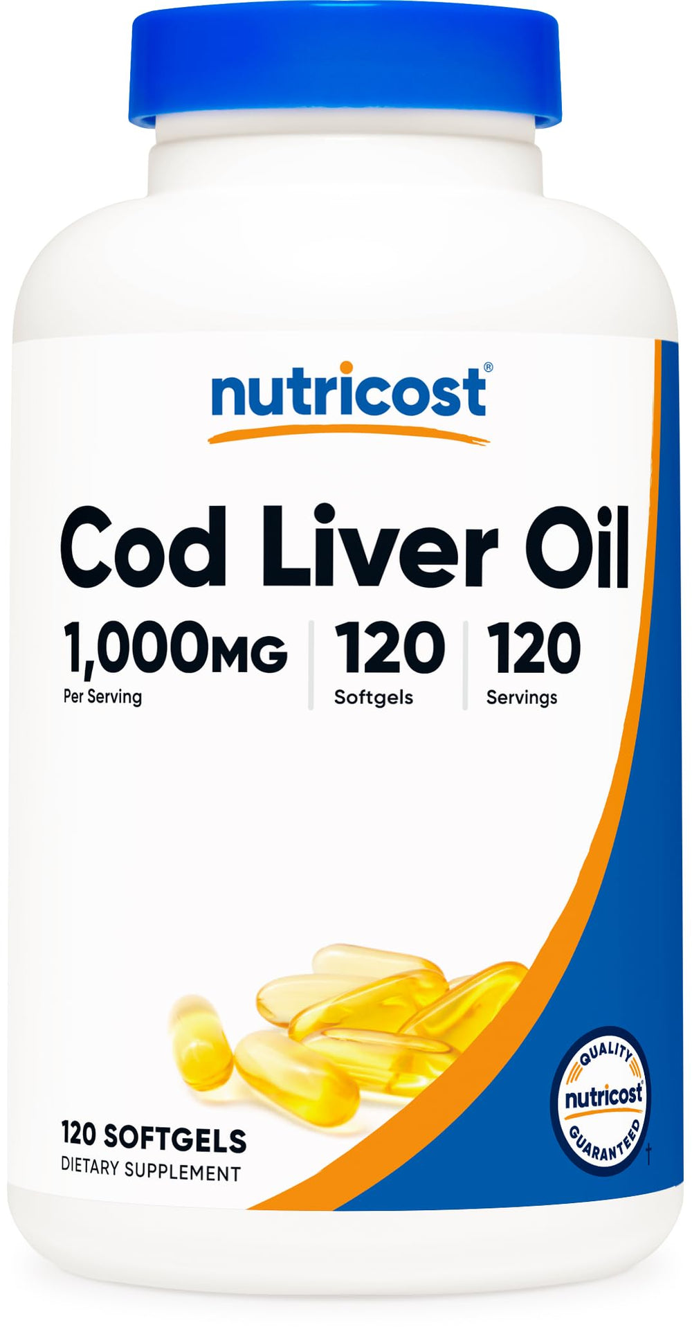 Nutricost Cod Liver Oil 1000mg softgels, a daily omega-3 source.