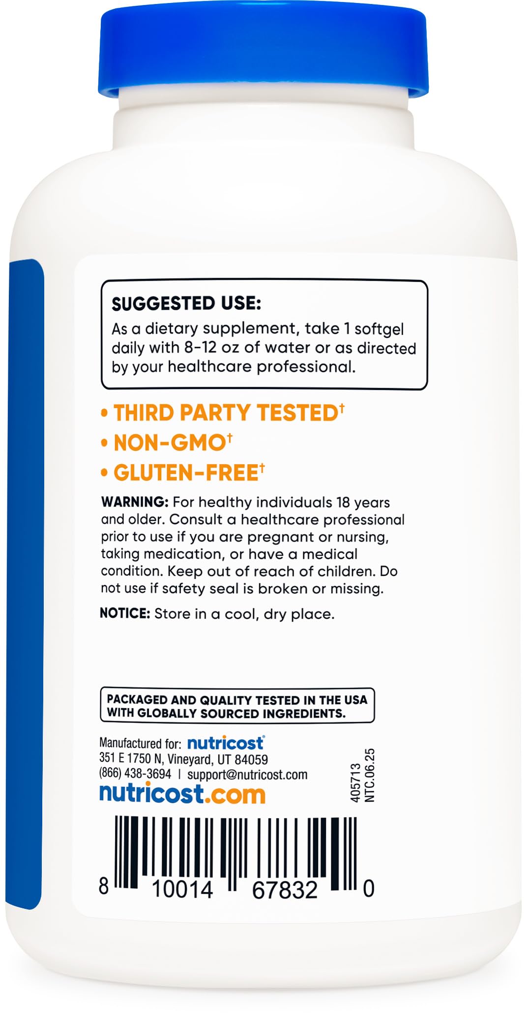 Gluten-free Nutricost cod liver oil, third-party tested for purity.