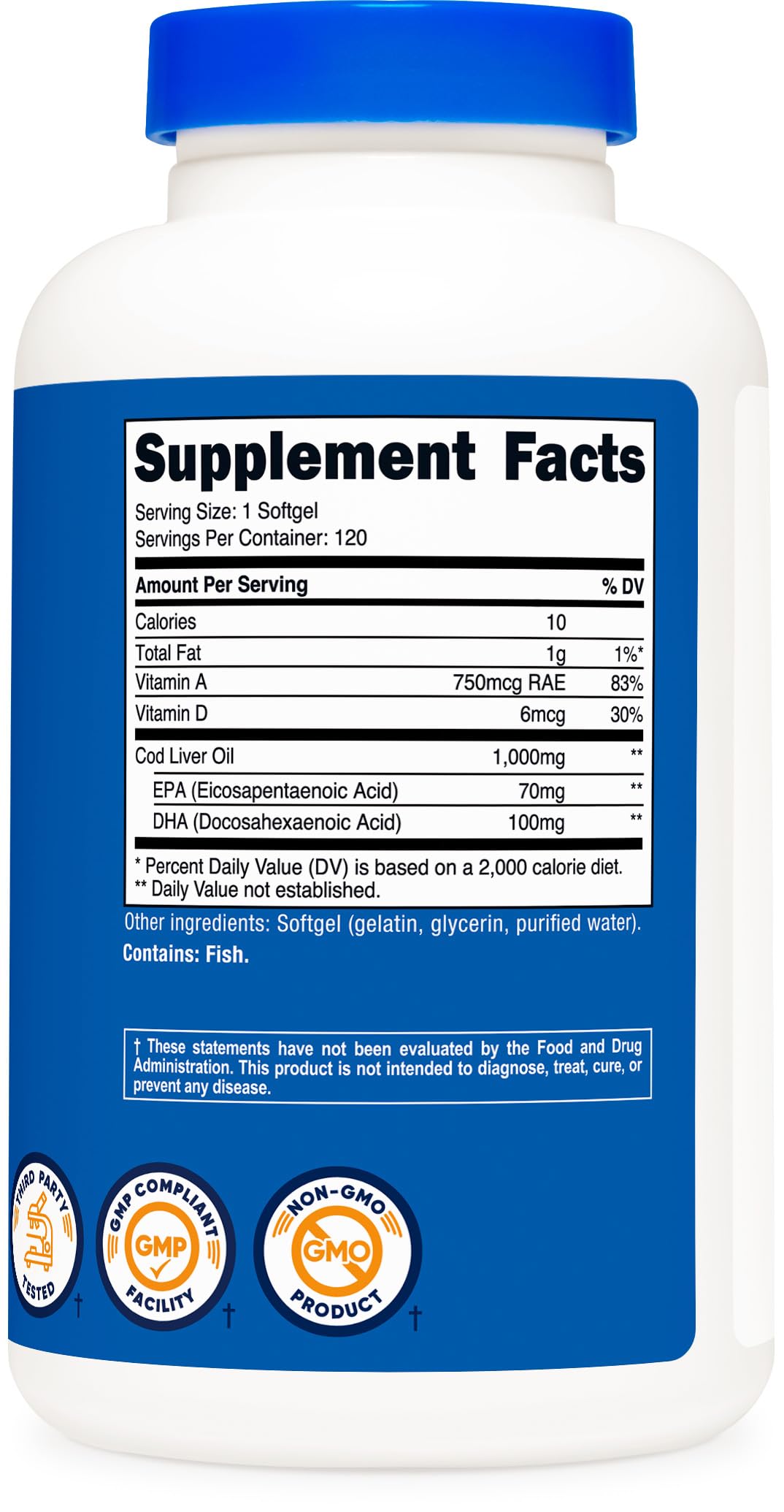 Nutricost cod liver oil manufactured in a GMP- and FDA-registered facility.