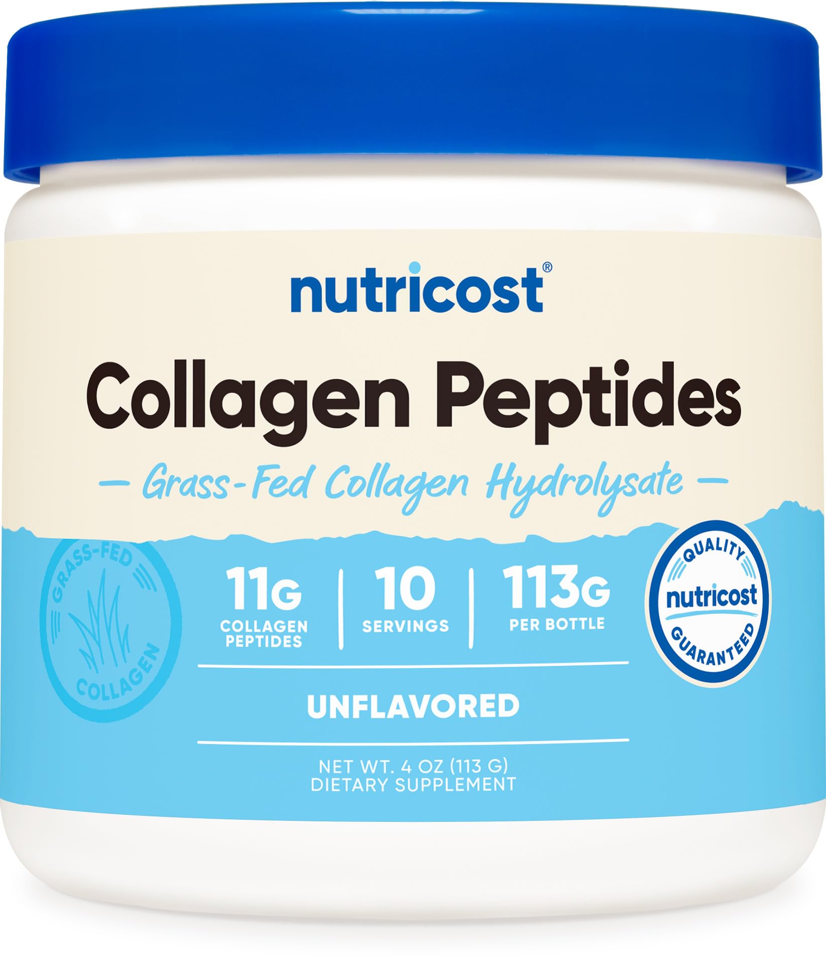 Nutricost Colágeno en polvo sin sabor en empaque frontal, fácil de incorporar.