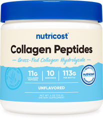 Nutricost Colágeno en polvo sin sabor en empaque frontal, fácil de incorporar.