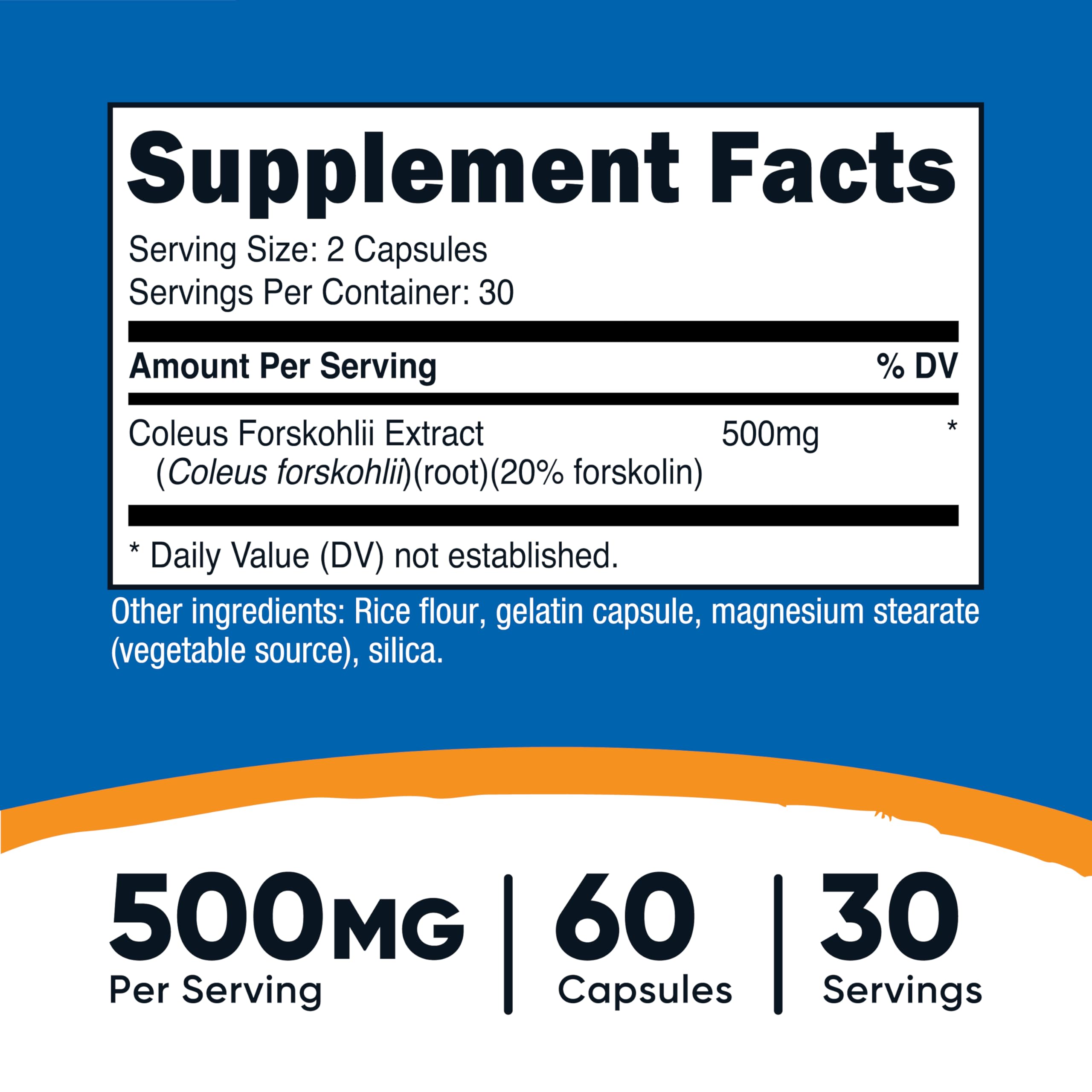 Nutricost Coleus Forskohlii: dosis de 500 mg por porción para absorción óptima.