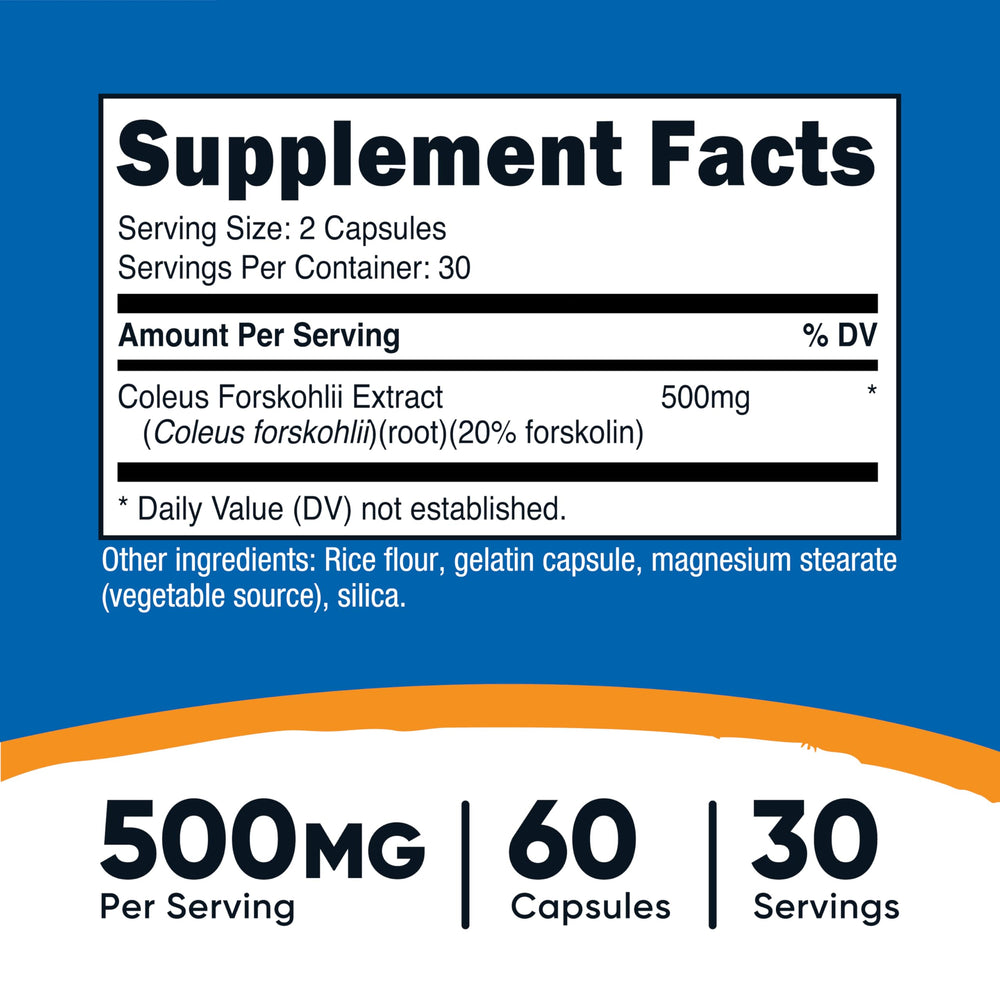 Nutricost Coleus Forskohlii: dosis de 500 mg por porción para absorción óptima.