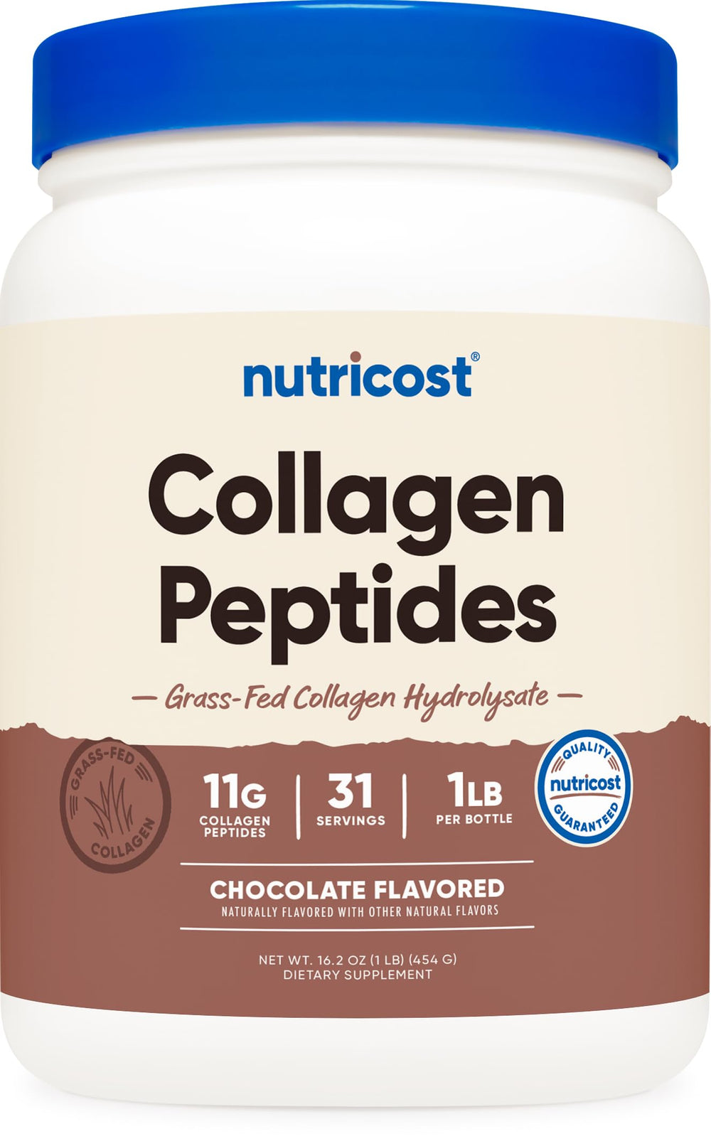 Nutricost Collagen Peptides Chocolate powder in a jar blends smoothly.