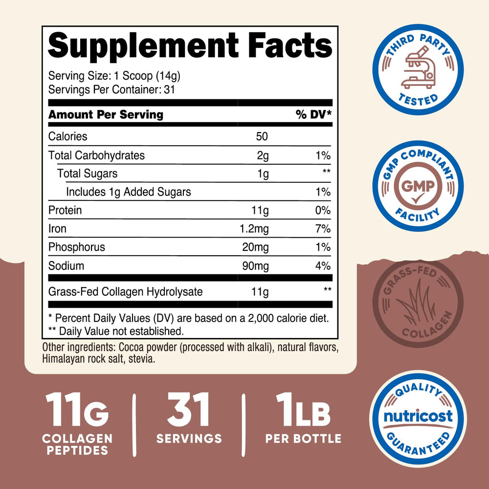 Nutricost Collagen Peptides Chocolate with scoop for easy serving.