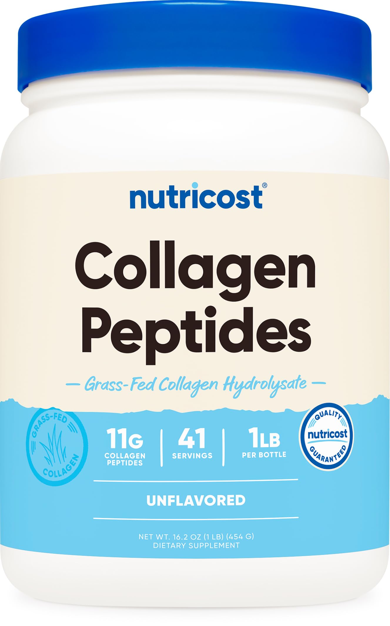 Nutricost collagen peptides powder bottle shows easy mixability in water for daily drinks