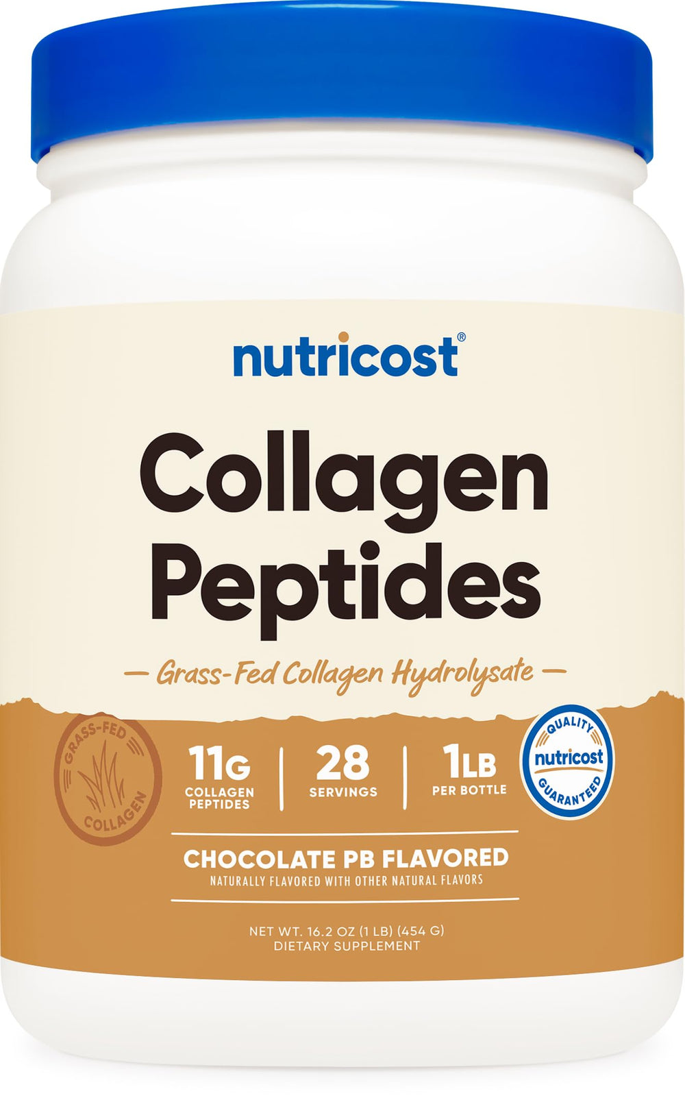Nutricost collagen peptides bottle front, gluten-free and grass-fed